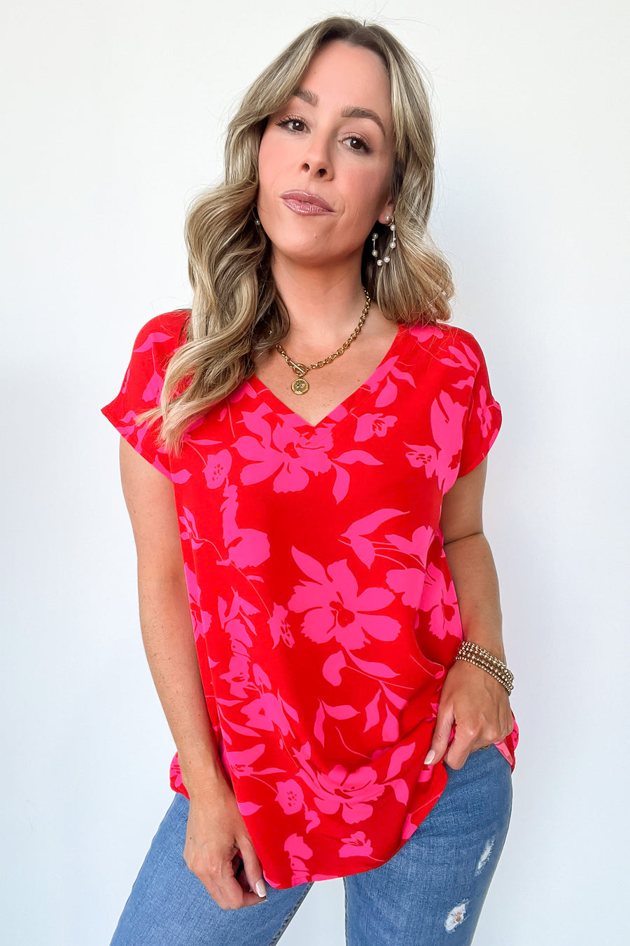 S / Red Vivid Beauty V-Neck Floral Cap Sleeve Top - Madison and Mallory