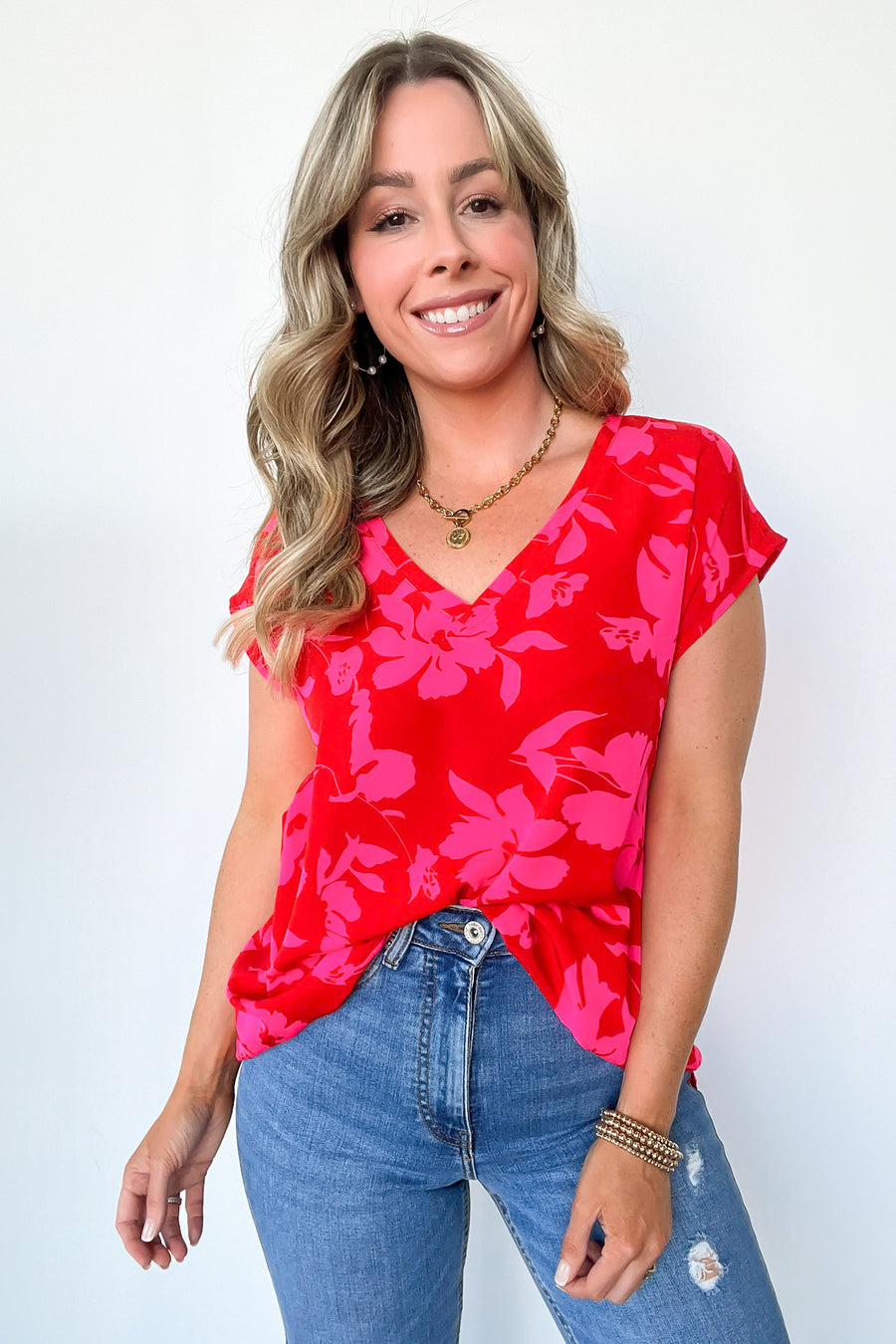  Vivid Beauty V-Neck Floral Cap Sleeve Top - Madison and Mallory