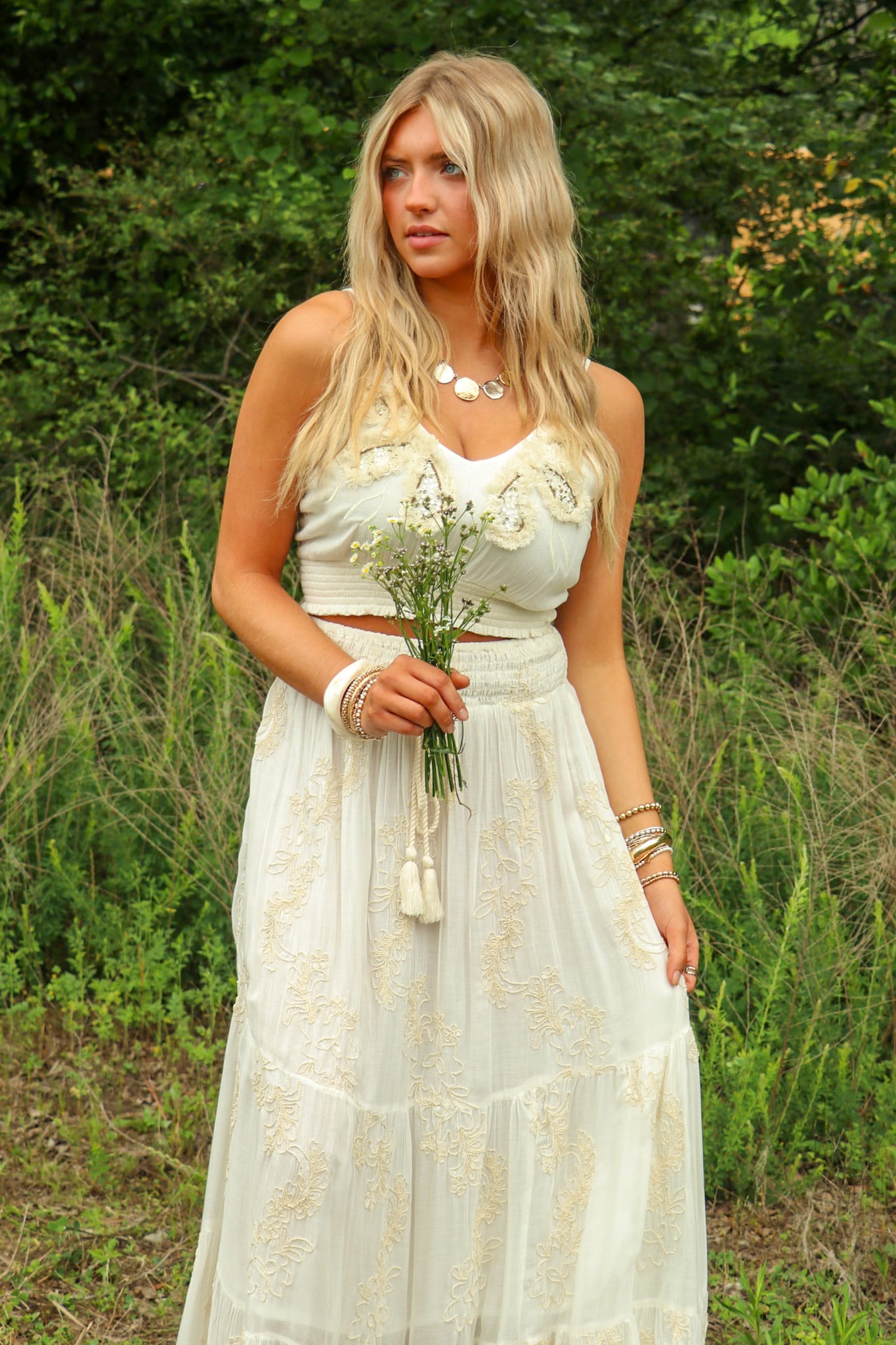 Wander Bloom Embroidered Fringe Beaded Tank Top S / Ivory