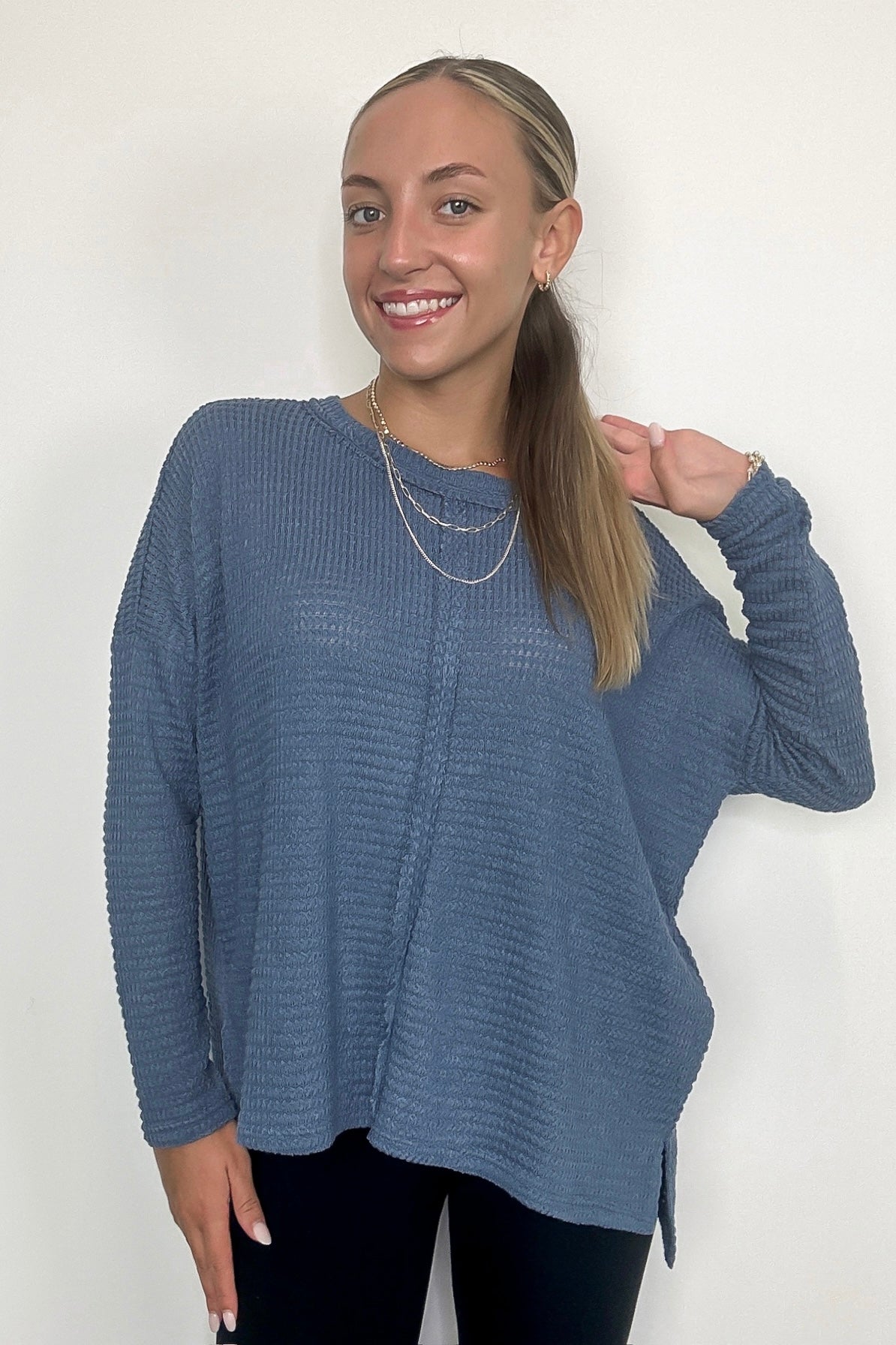 Dusty Blue / SM Wanderlight Jacquard Knit Dolman Sleeve Top - FINAL SALE - Madison and Mallory