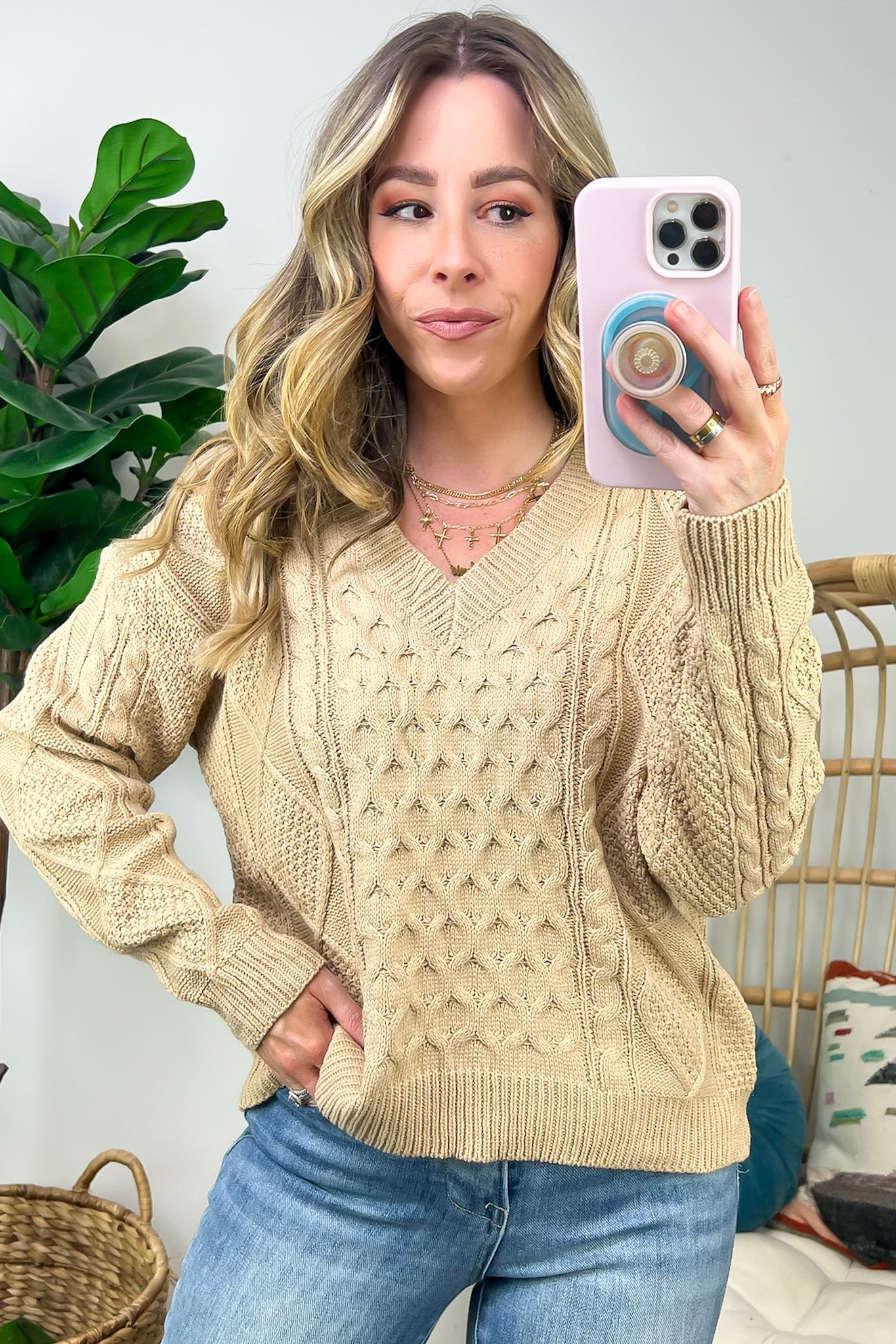 Taupe / S Warm Wishes Cable Knit V-Neck Sweater - FINAL SALE - Madison and Mallory