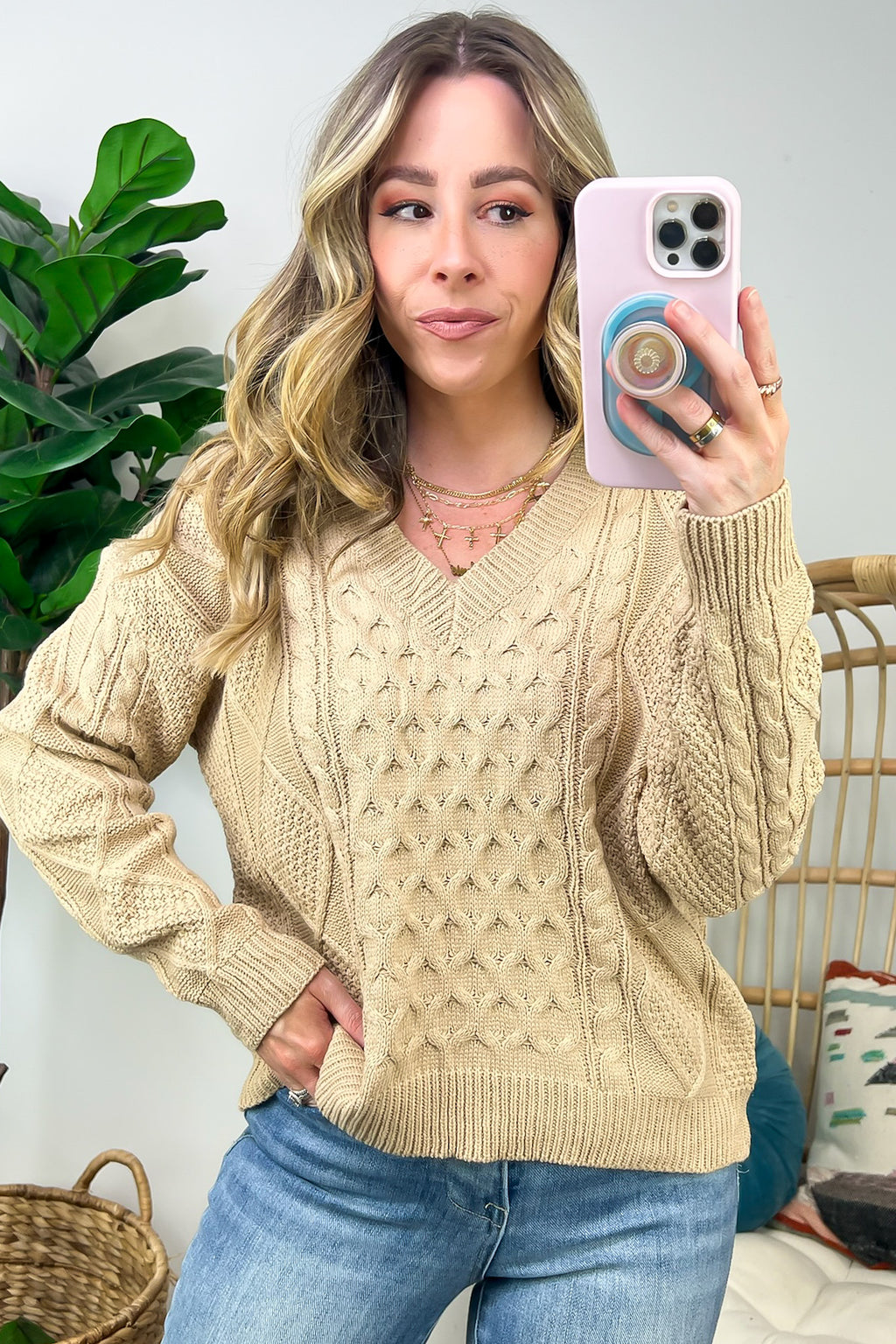 Taupe / S Warm Wishes Cable Knit V-Neck Sweater - FINAL SALE - Madison and Mallory