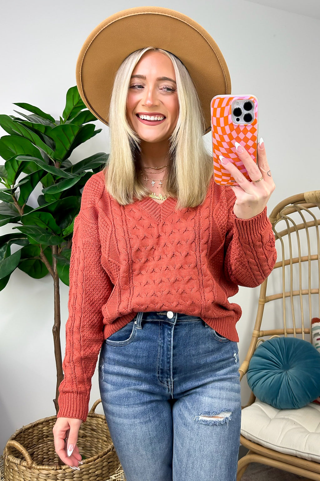 Brick / S Warm Wishes Cable Knit V-Neck Sweater - FINAL SALE - Madison and Mallory