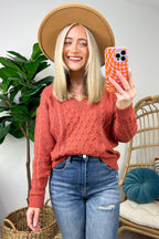 Brick / S Warm Wishes Cable Knit V-Neck Sweater - FINAL SALE - Madison and Mallory
