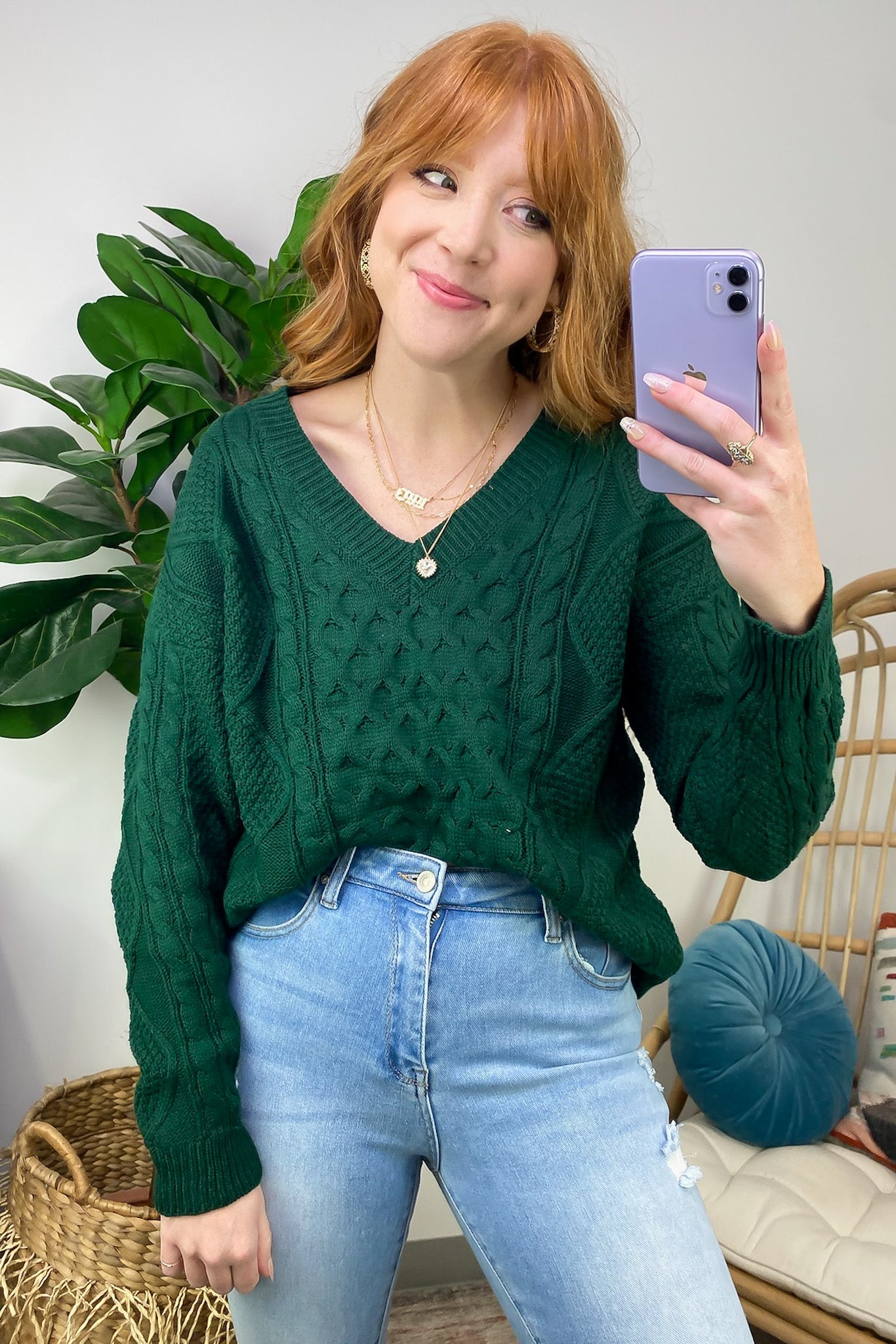 Hunter Green / S Warm Wishes Cable Knit V-Neck Sweater - FINAL SALE - Madison and Mallory