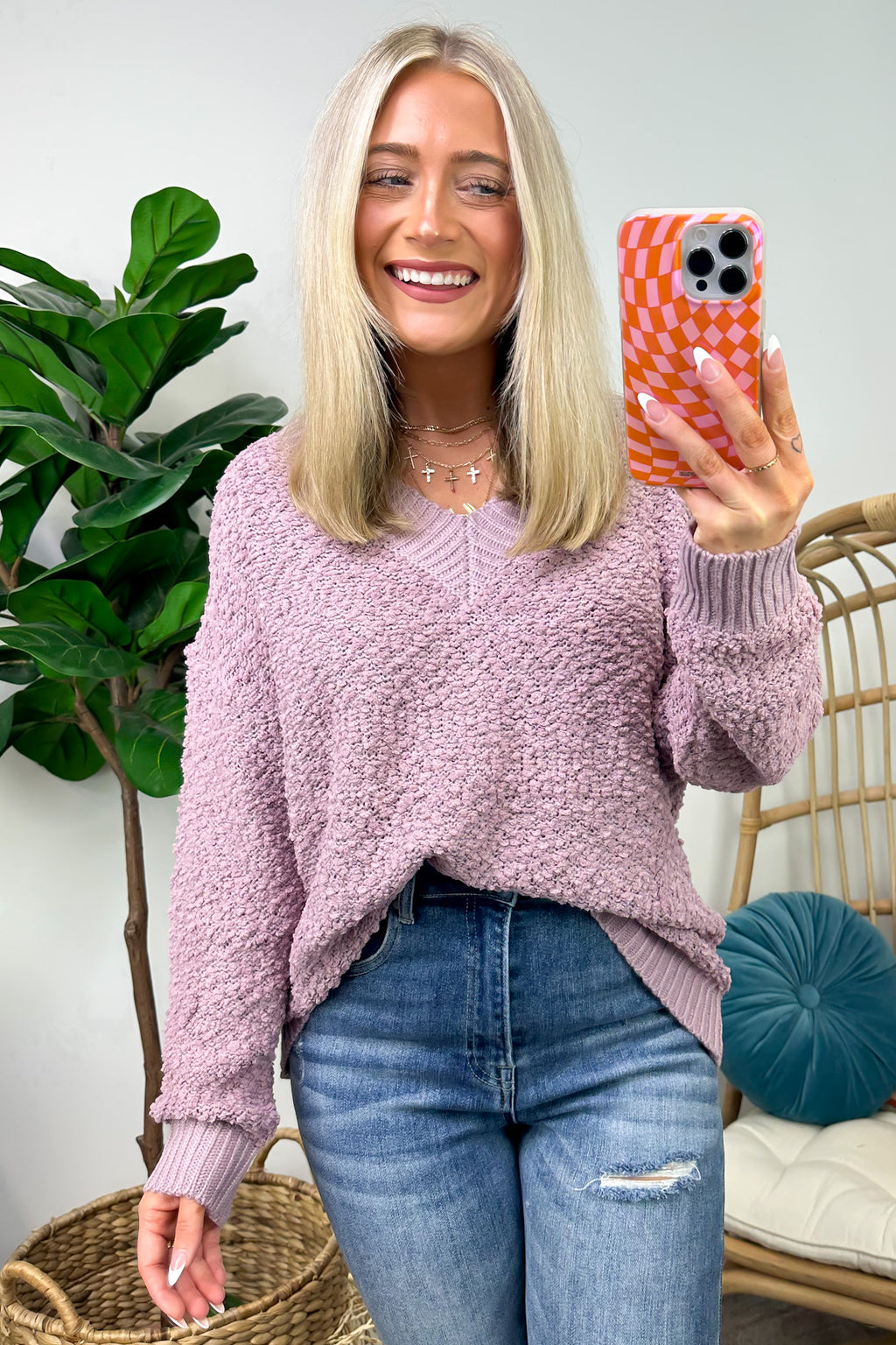 Light Plum / S Warmest Aesthetic V-Neck Boucle Knit Sweater - FINAL SALE - Madison and Mallory