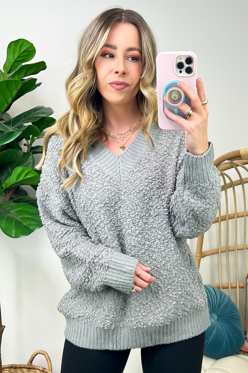  Warmest Aesthetic V-Neck Boucle Knit Sweater - FINAL SALE - Madison and Mallory