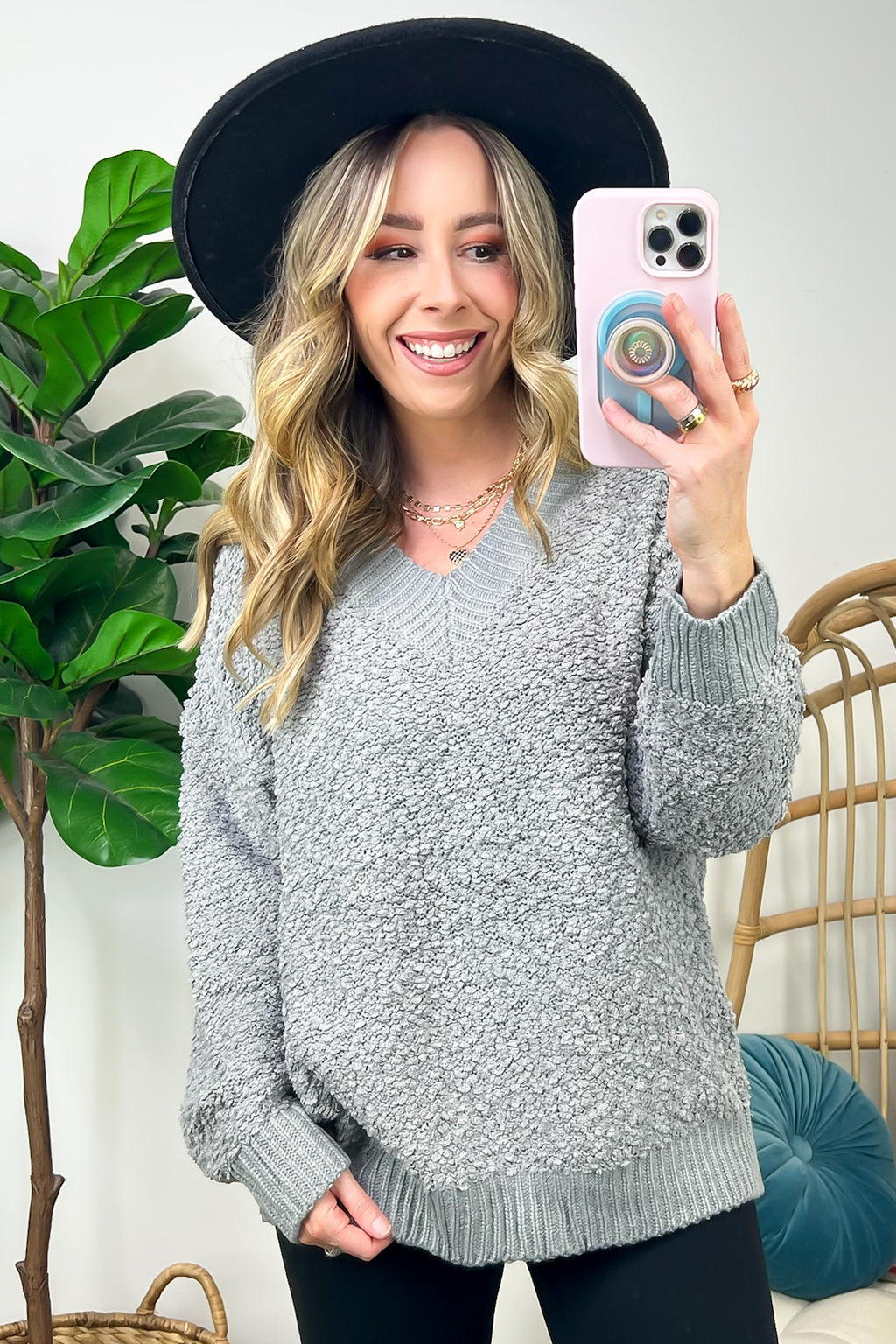 Gray / S Warmest Aesthetic V-Neck Boucle Knit Sweater - FINAL SALE - Madison and Mallory