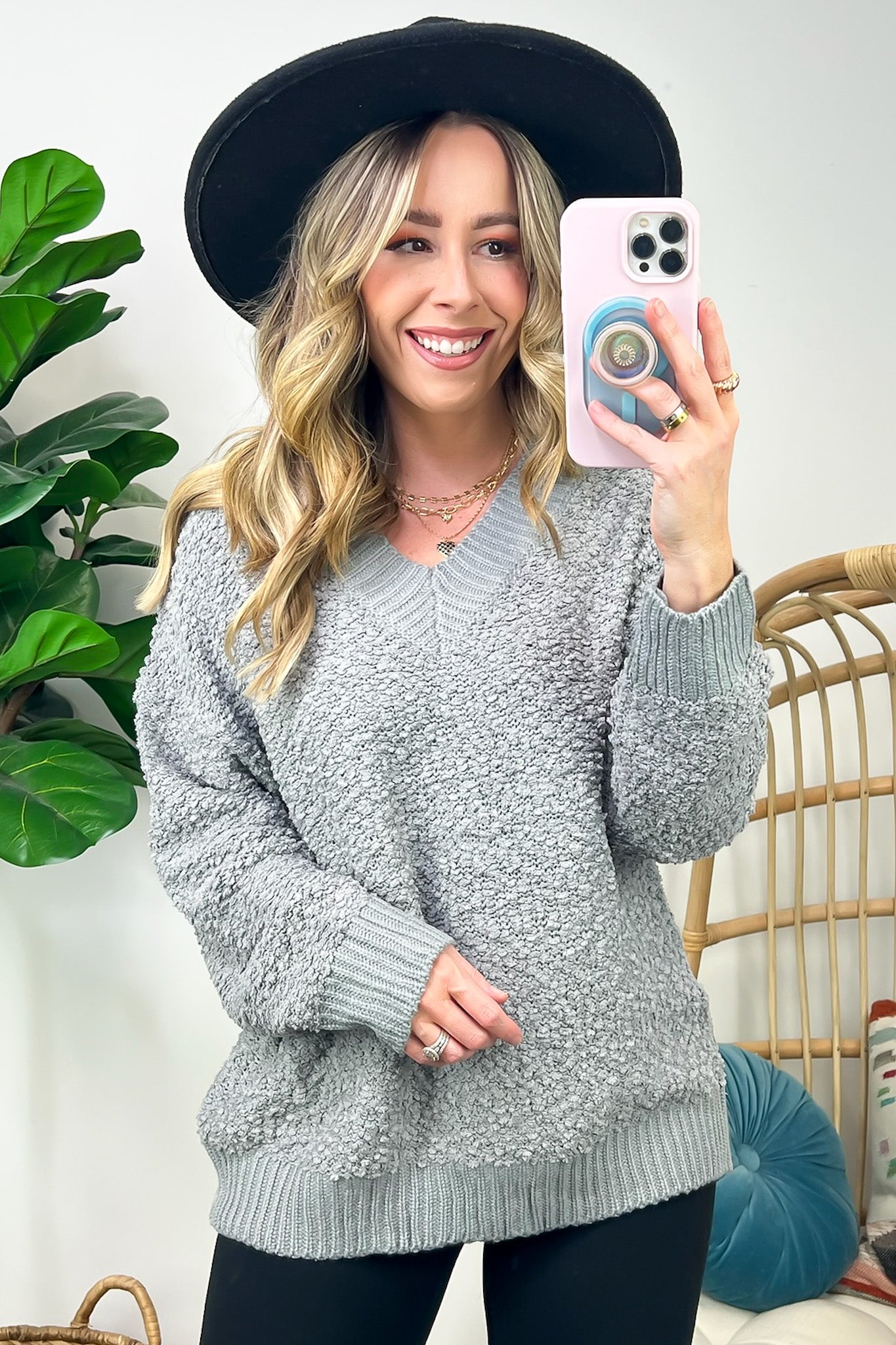  Warmest Aesthetic V-Neck Boucle Knit Sweater - FINAL SALE - Madison and Mallory