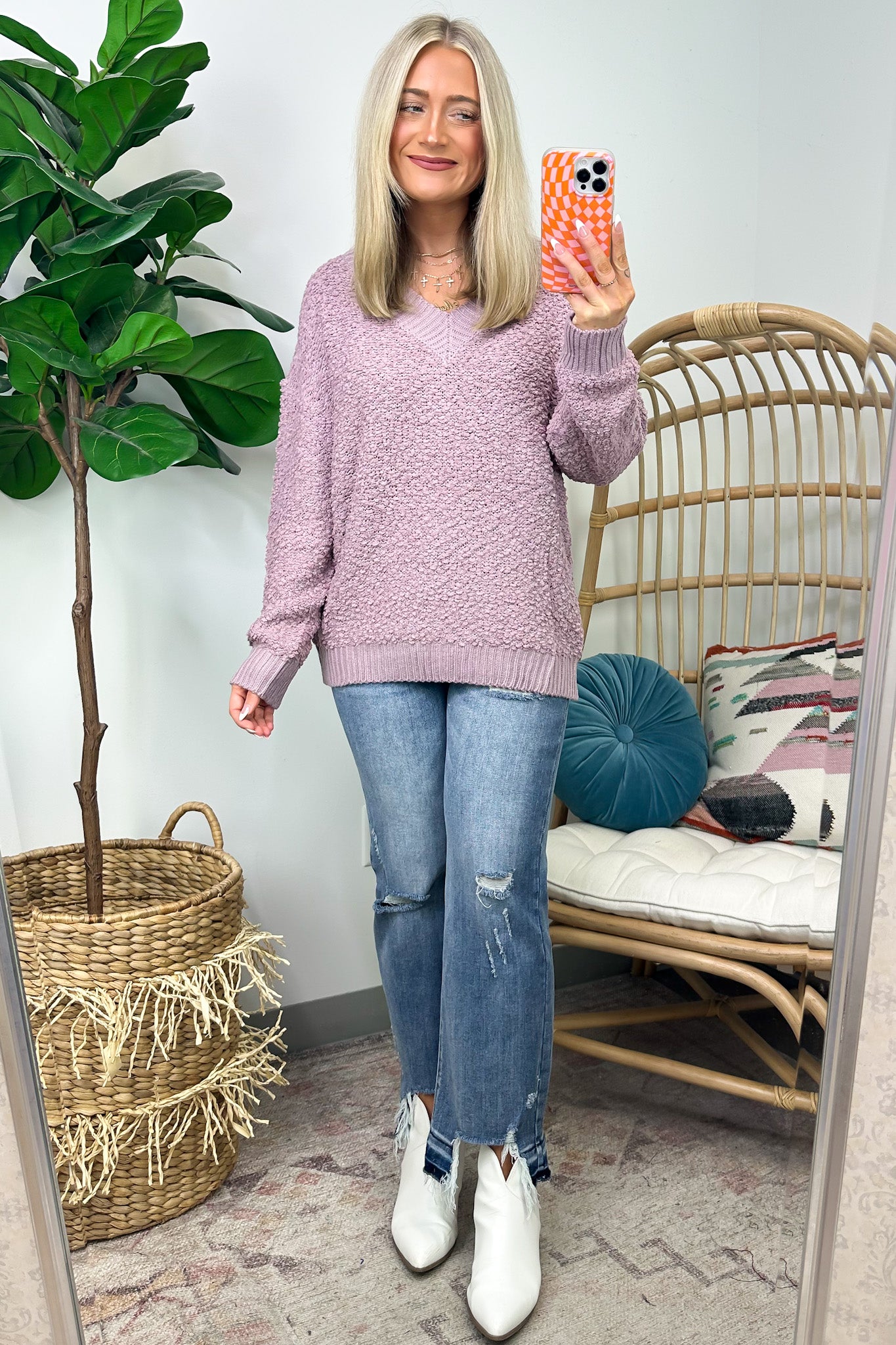  Warmest Aesthetic V-Neck Boucle Knit Sweater - FINAL SALE - Madison and Mallory