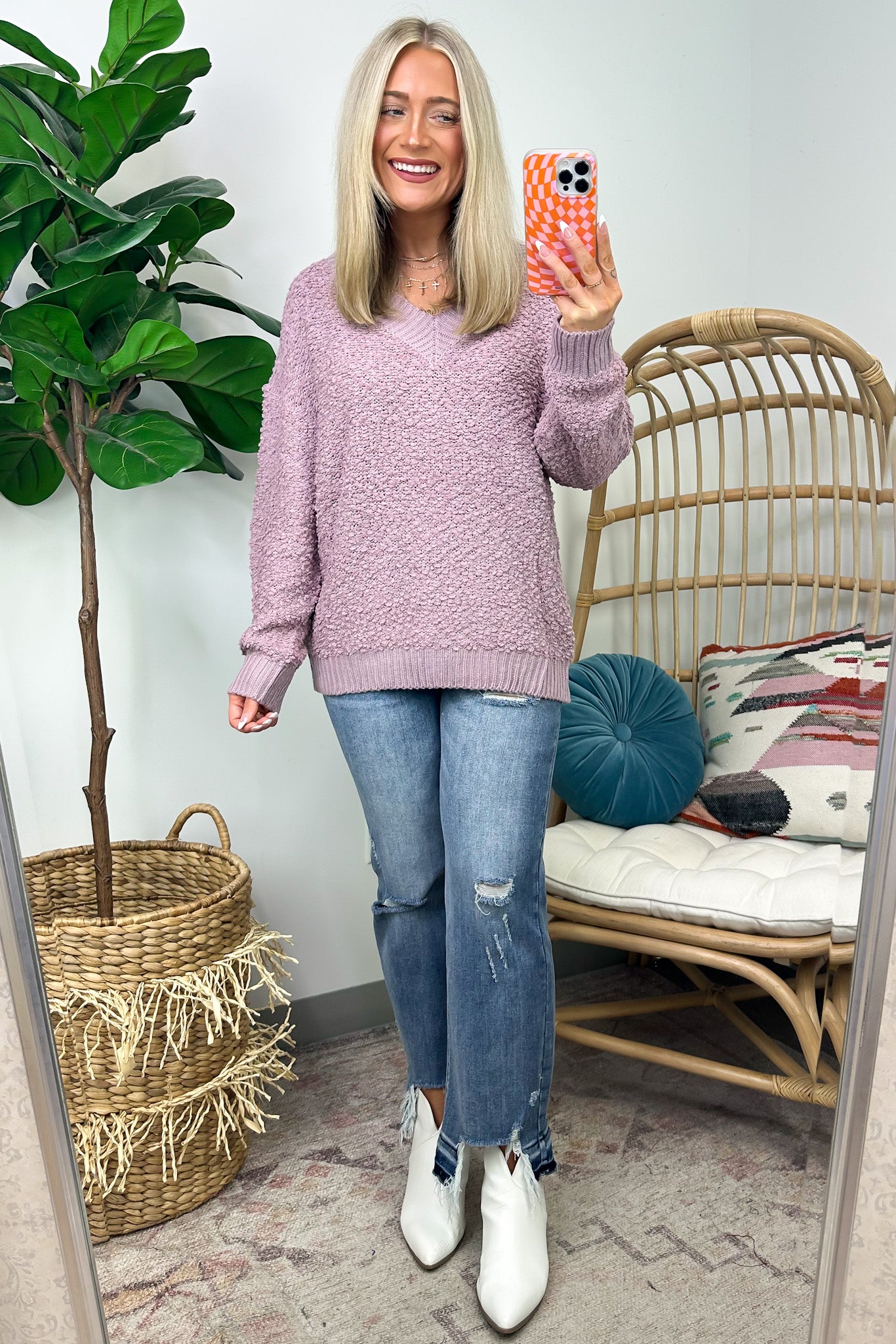  Warmest Aesthetic V-Neck Boucle Knit Sweater - FINAL SALE - Madison and Mallory