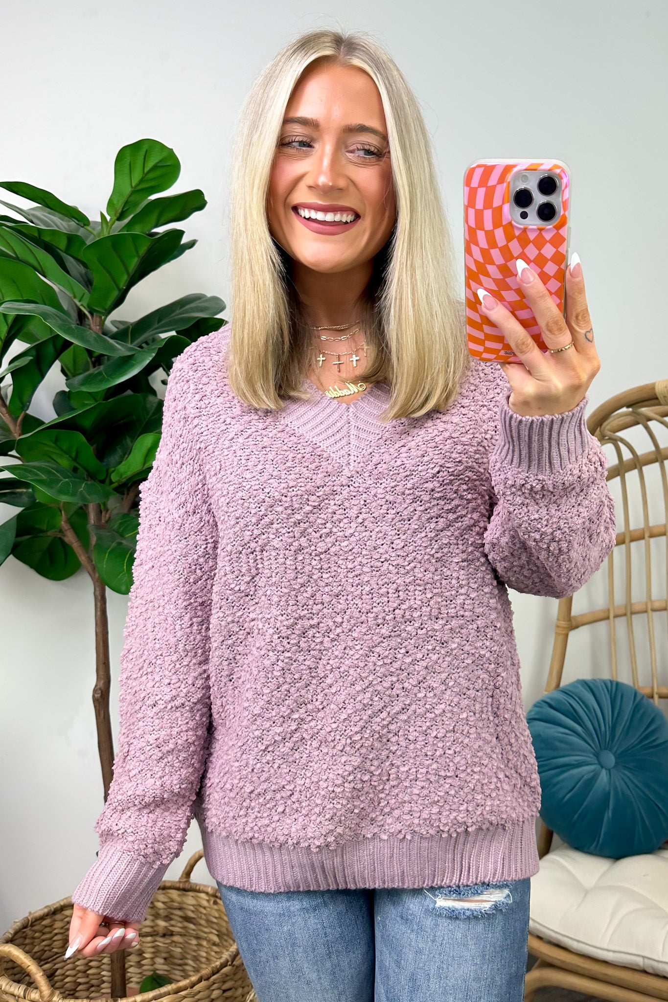  Warmest Aesthetic V-Neck Boucle Knit Sweater - FINAL SALE - Madison and Mallory