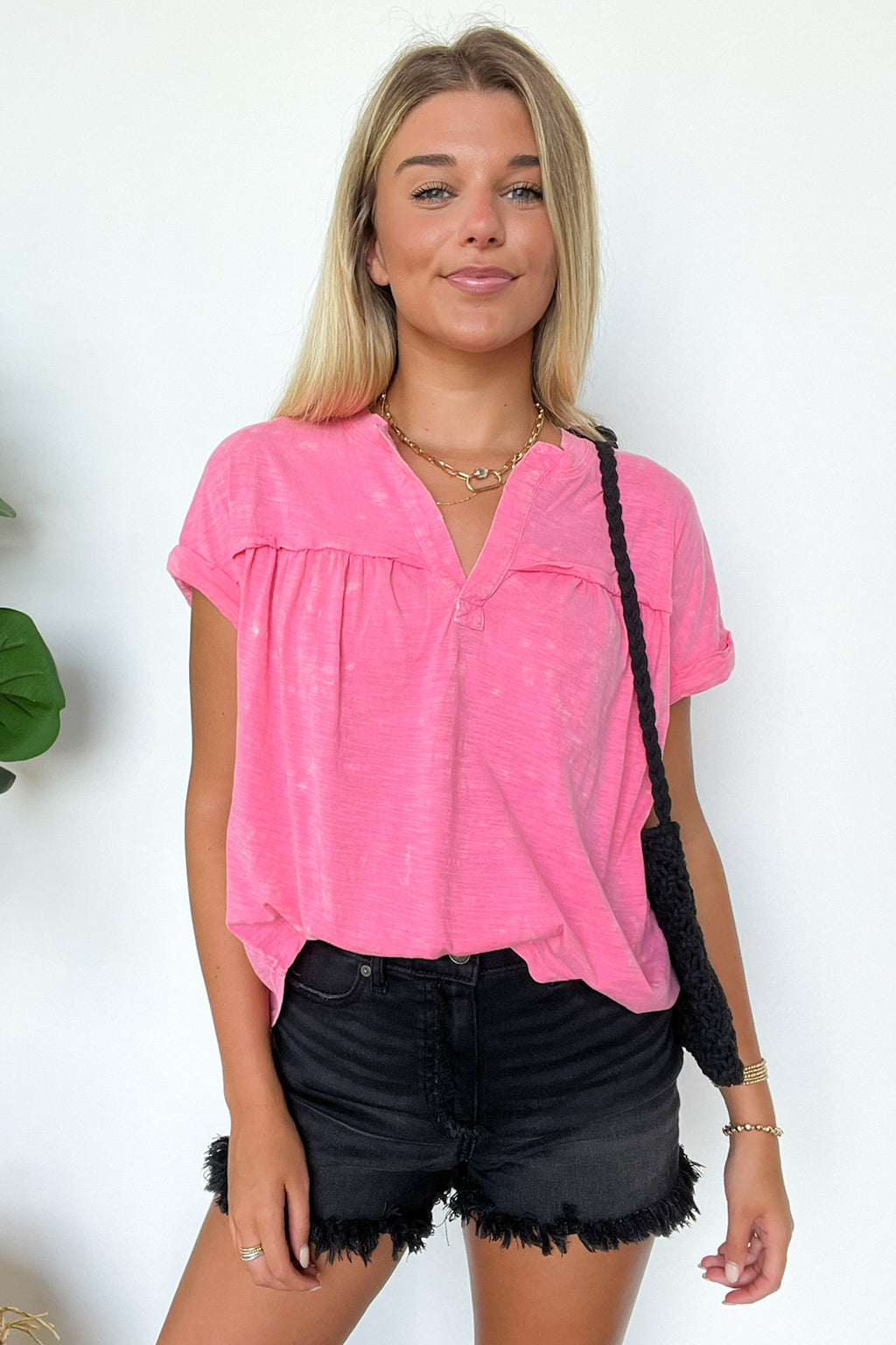 Pink / S Waverly Mineral Washed Split Neck Top - FINAL SALE - Madison and Mallory