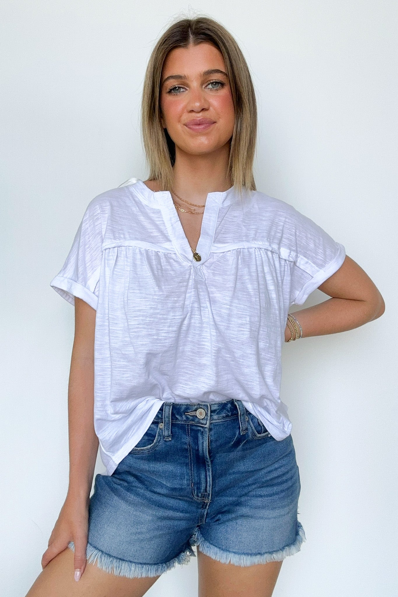 Ivory / S Waverly Mineral Washed Split Neck Top - Madison and Mallory