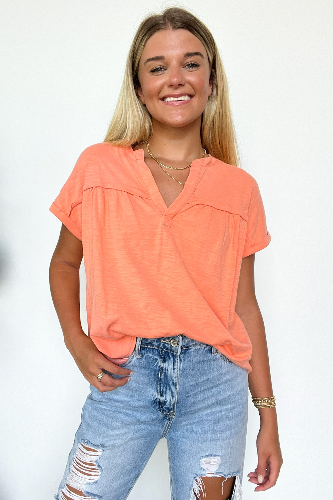 Coral / S Waverly Mineral Washed Split Neck Top - Madison and Mallory