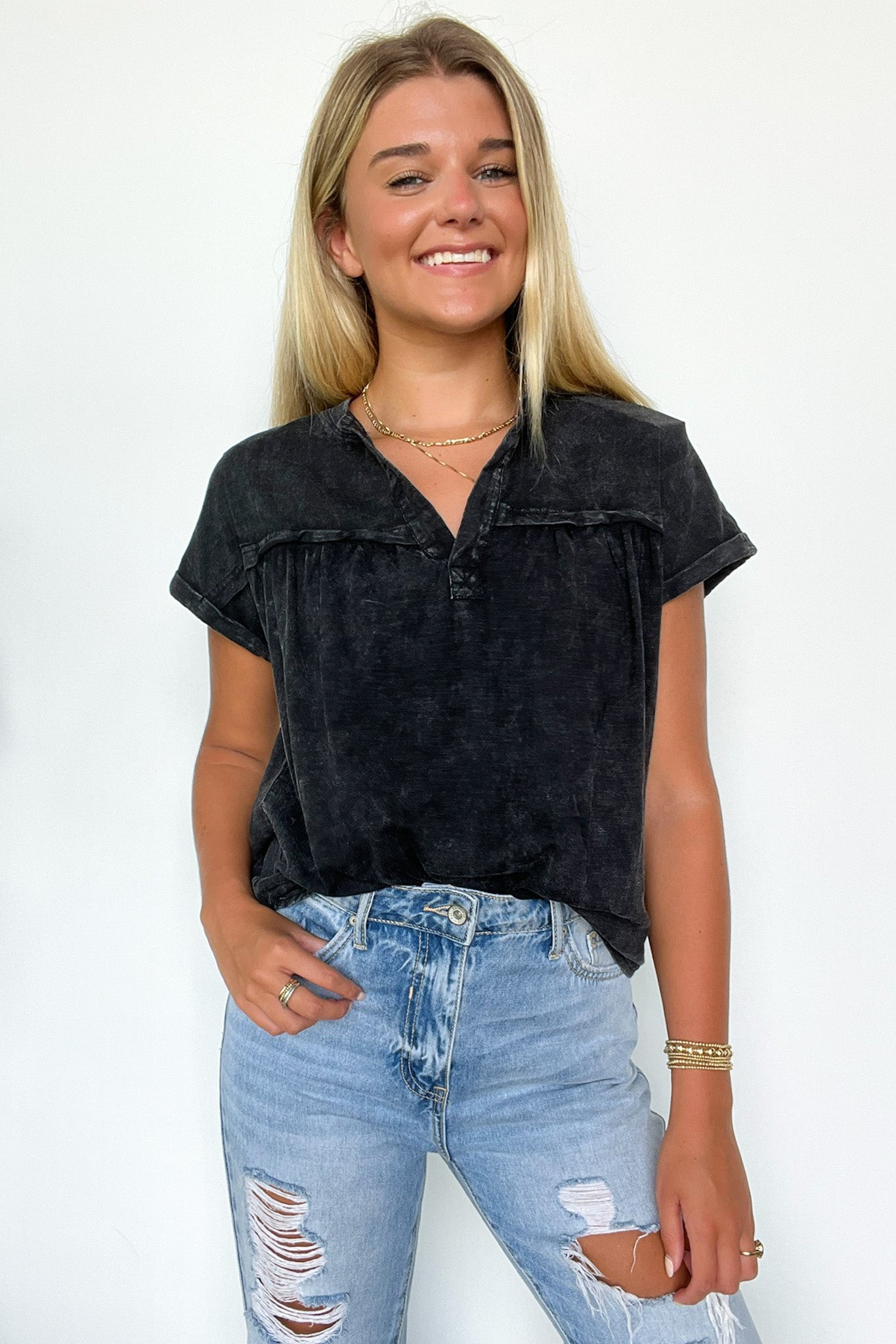 Black / S Waverly Mineral Washed Split Neck Top - Madison and Mallory