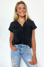 Black / S Waverly Mineral Washed Split Neck Top - FINAL SALE - Madison and Mallory