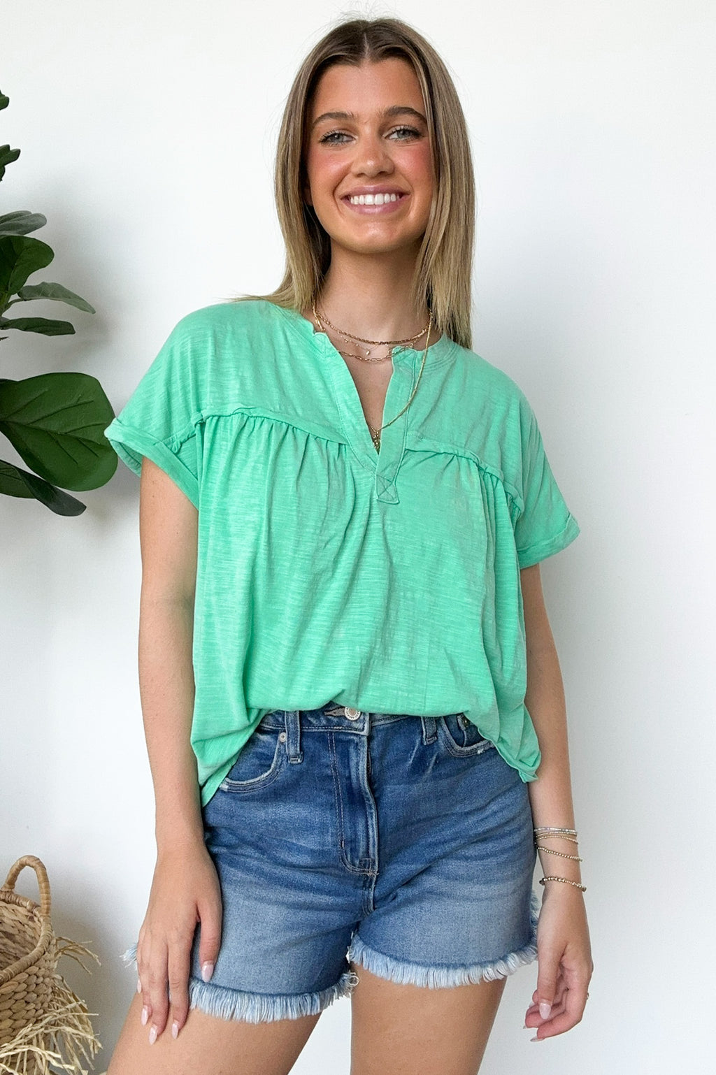 Green / S Waverly Mineral Washed Split Neck Top - FINAL SALE - Madison and Mallory