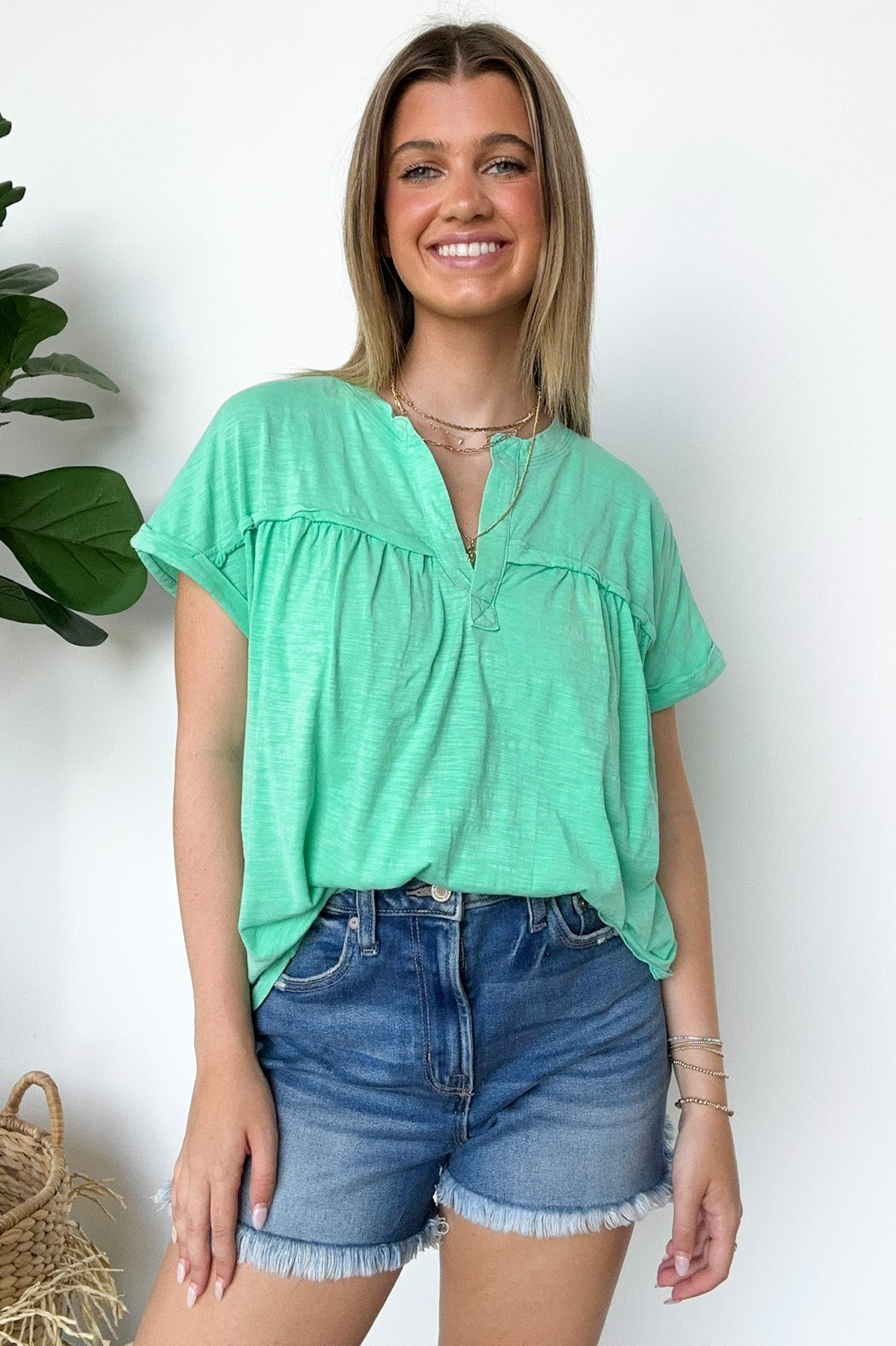 Green / S Waverly Mineral Washed Split Neck Top - Madison and Mallory