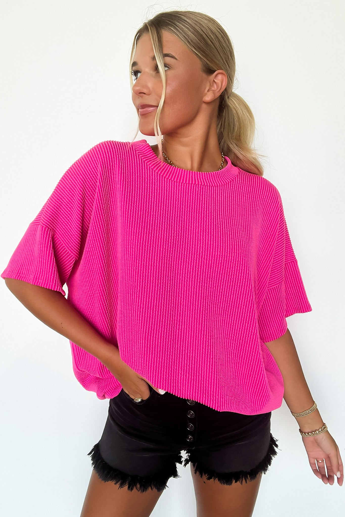 Fuchsia / SM Weekend Getaway Rib Knit Oversized Top - BACK IN STOCK - Madison and Mallory