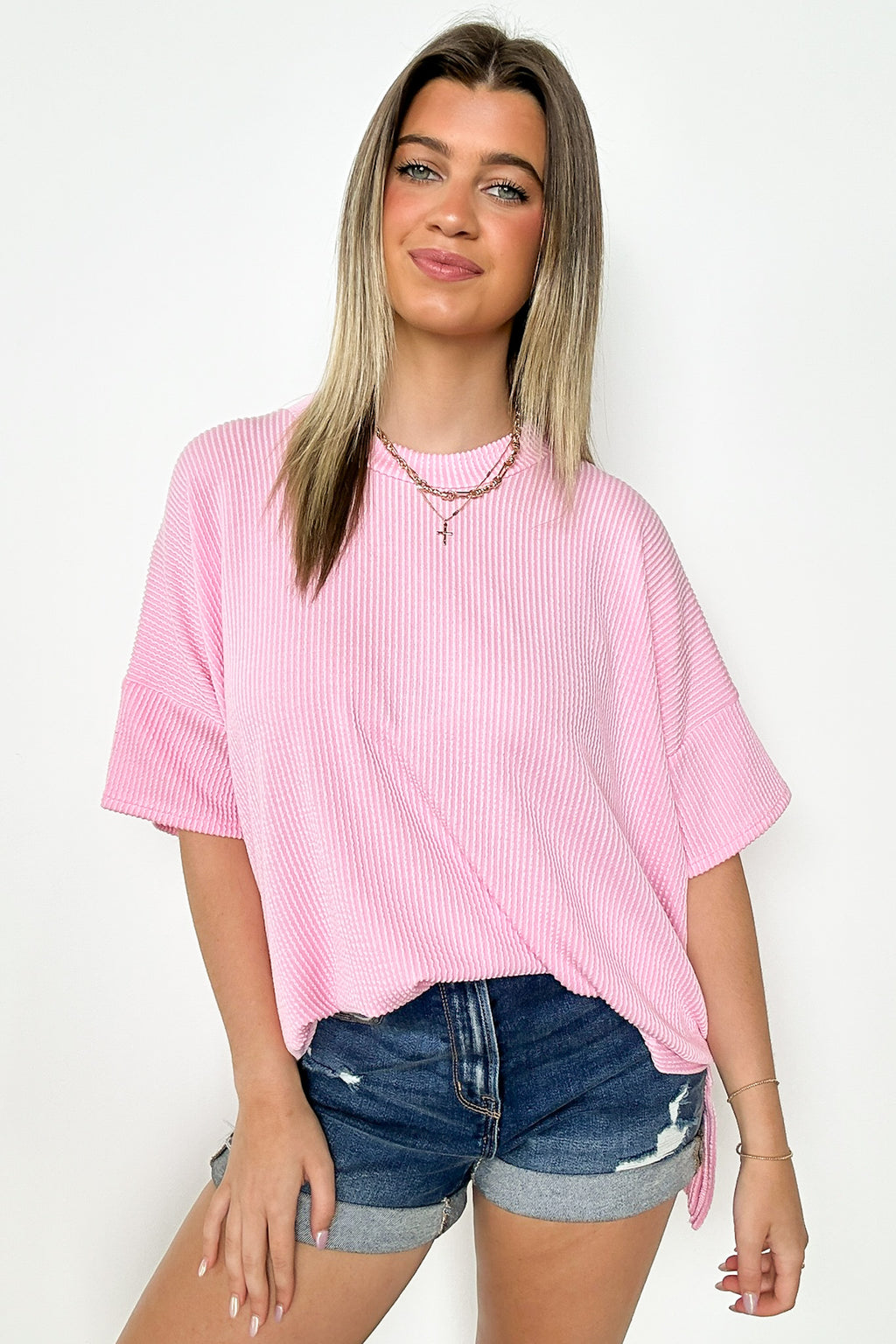 Light Pink / SM Weekend Wanderlust Rib Knit Side Slit Top - Madison and Mallory