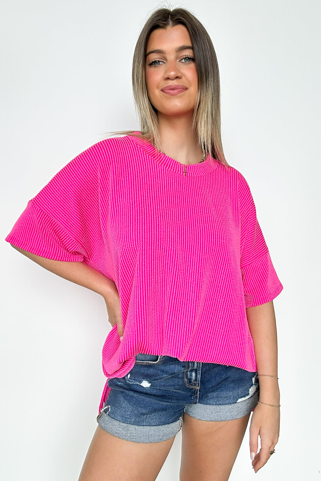 Fuchsia / SM Weekend Wanderlust Rib Knit Side Slit Top - Madison and Mallory