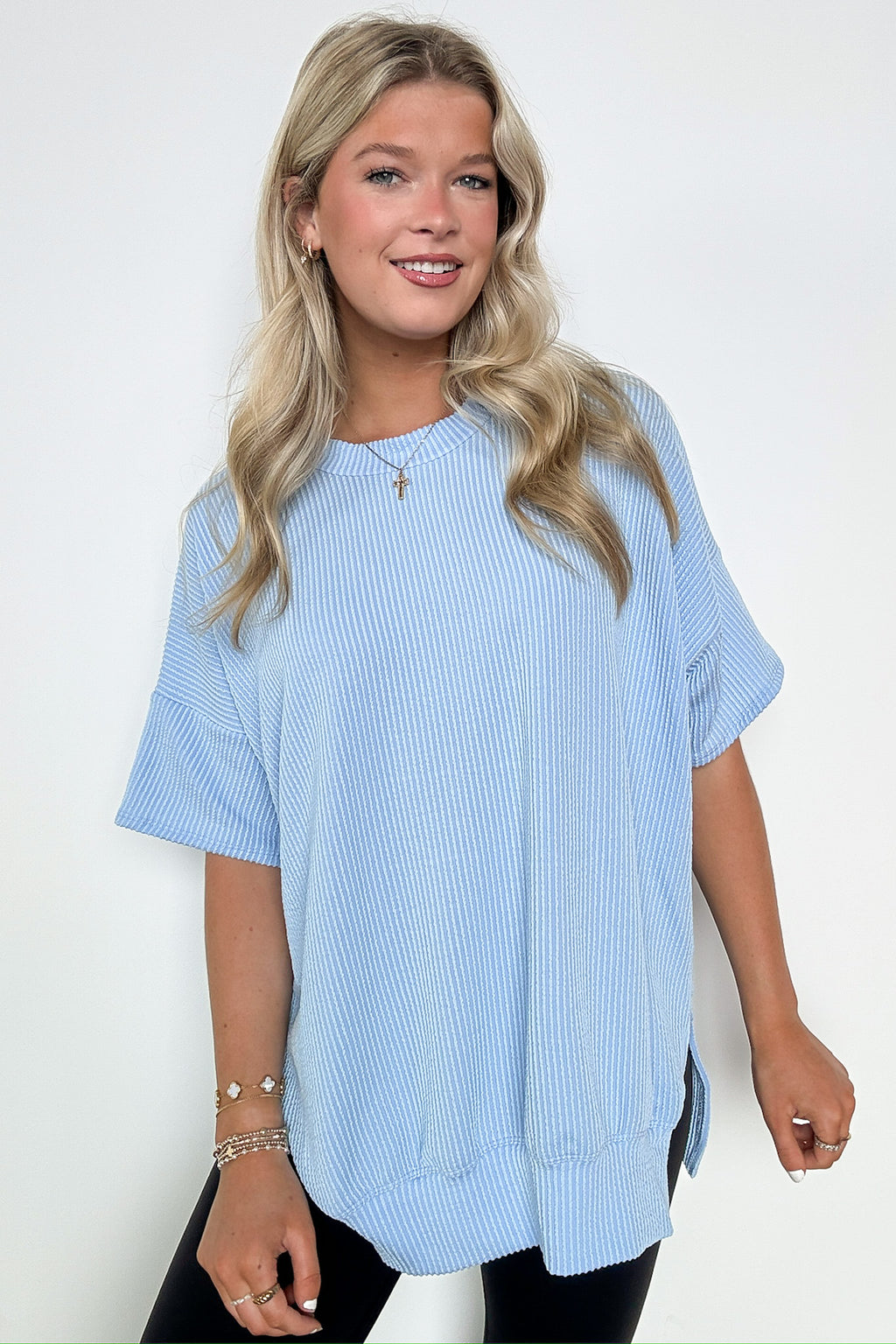 Powder Blue / SM Weekend Wanderlust Rib Knit Side Slit Top - Madison and Mallory
