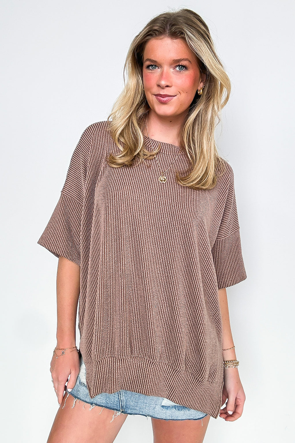 Coffee / SM Weekend Wanderlust Rib Knit Side Slit Top - Madison and Mallory