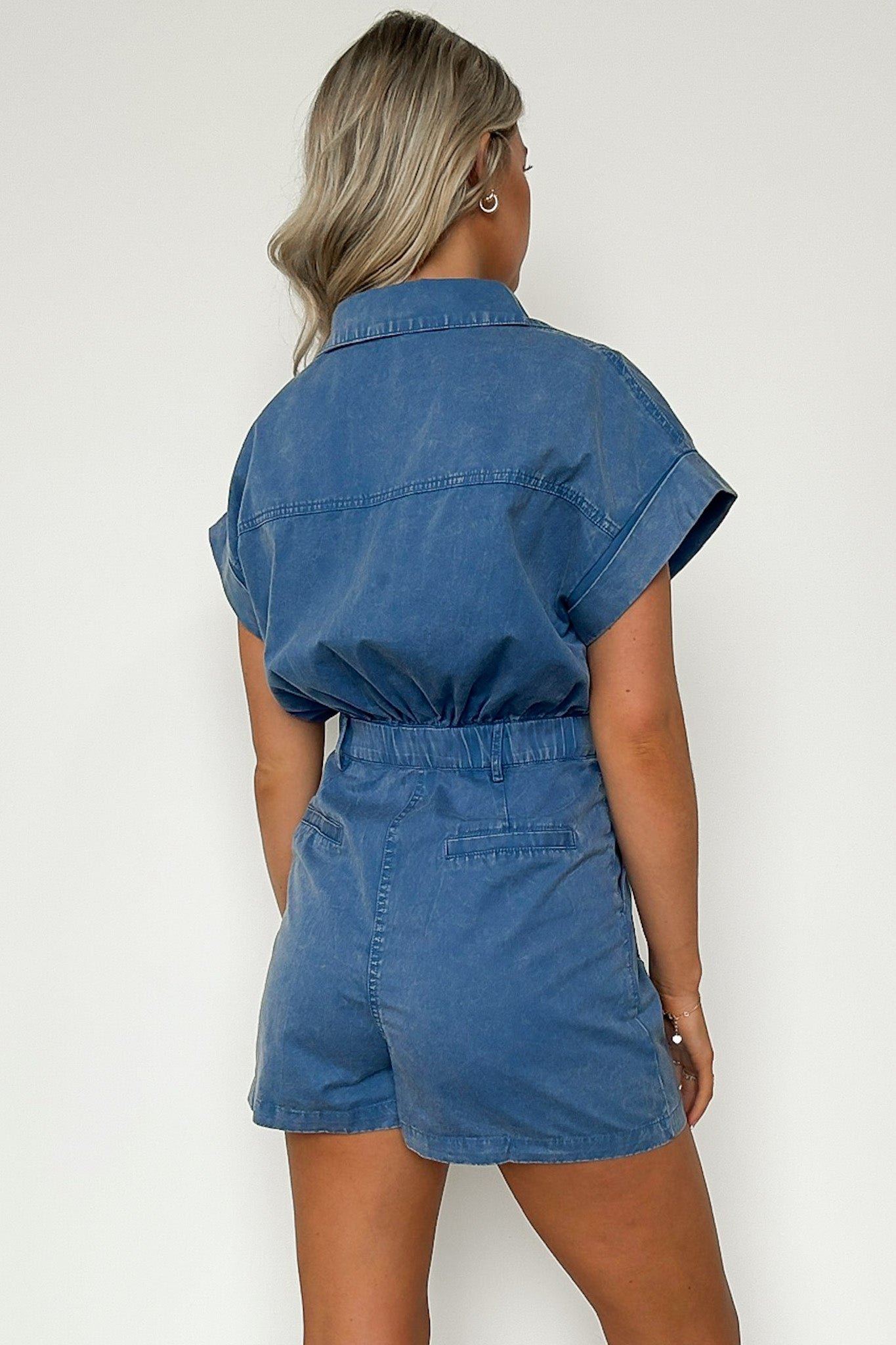  Wendi Short Sleeve Button Up Denim Romper - Madison and Mallory