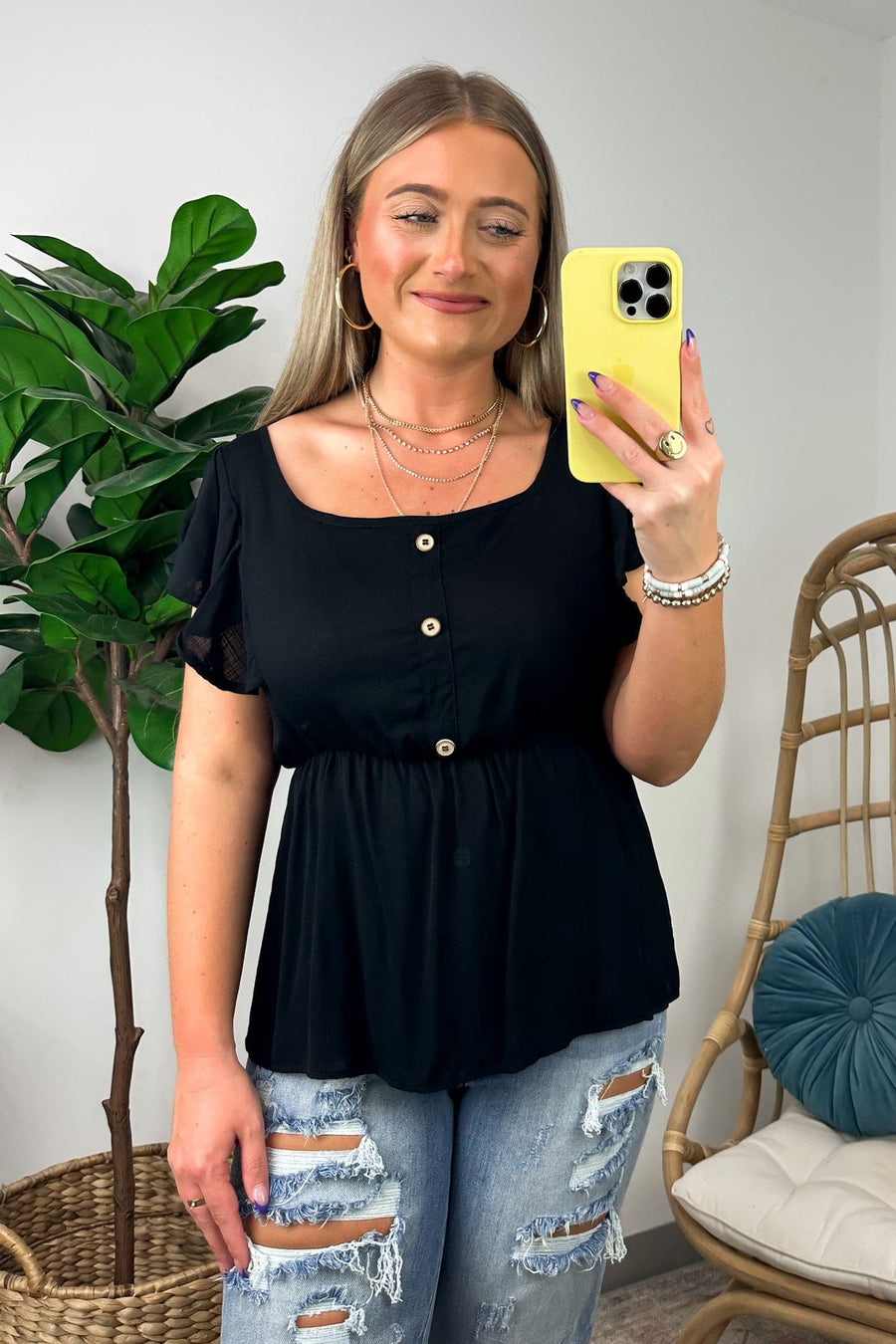 Black / S Wendlyn Ruffle Sleeve Button Peplum Top - FINAL SALE - Madison and Mallory