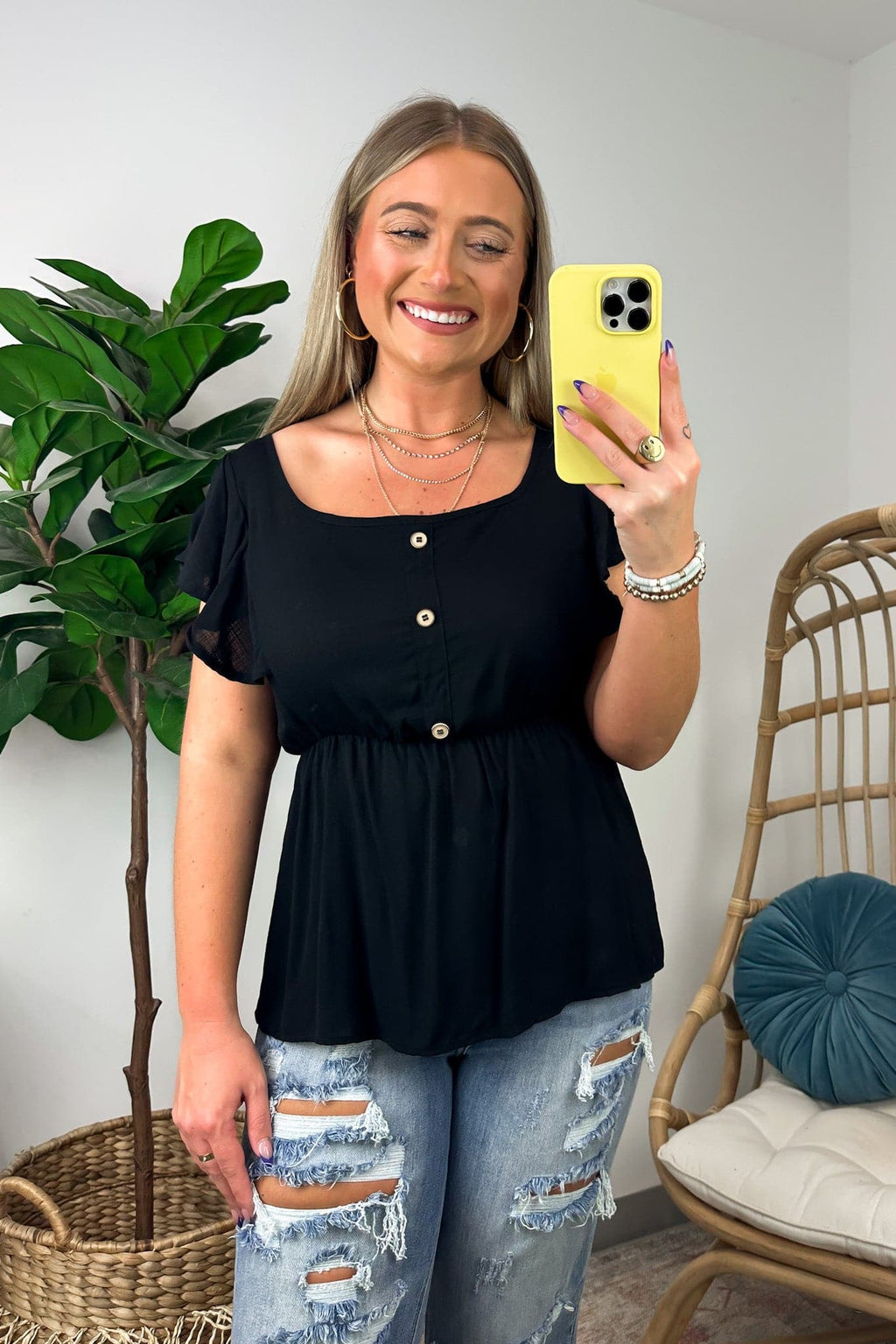 Wendlyn Ruffle Sleeve Button Peplum Top - FINAL SALE - Madison and Mallory