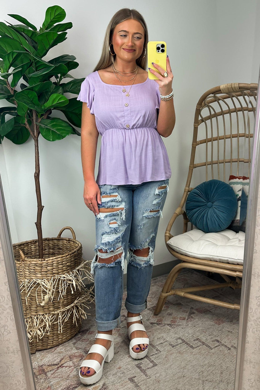  Wendlyn Ruffle Sleeve Button Peplum Top - FINAL SALE - Madison and Mallory