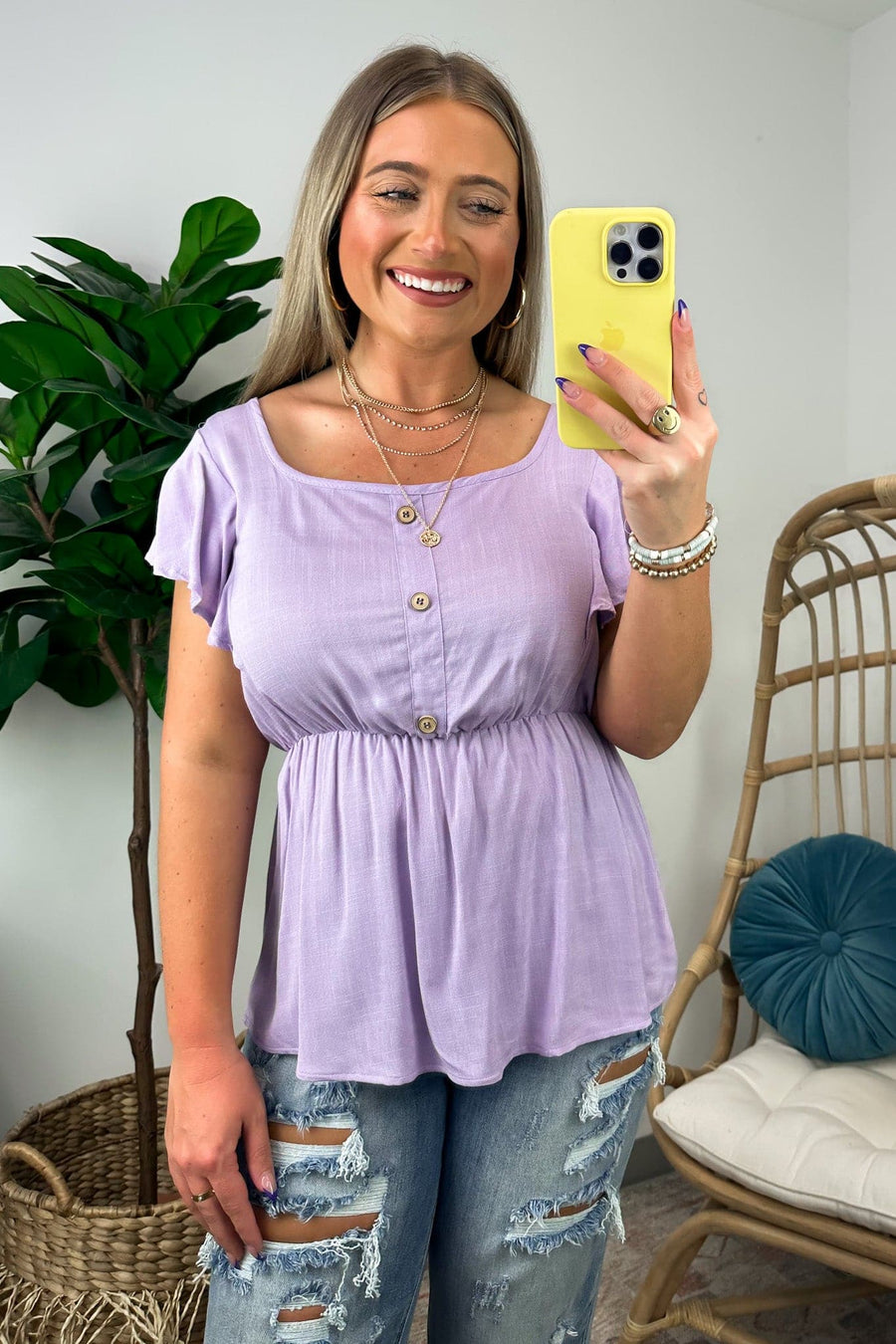 Lilac / S Wendlyn Ruffle Sleeve Button Peplum Top - FINAL SALE - Madison and Mallory