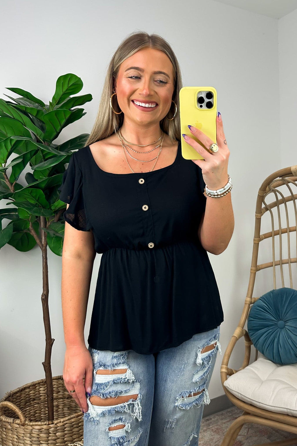  Wendlyn Ruffle Sleeve Button Peplum Top - FINAL SALE - Madison and Mallory