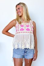 SM / Hot Pink Combo Whisper Loom Embroidered Peplum Crochet Tank Top - Madison and Mallory