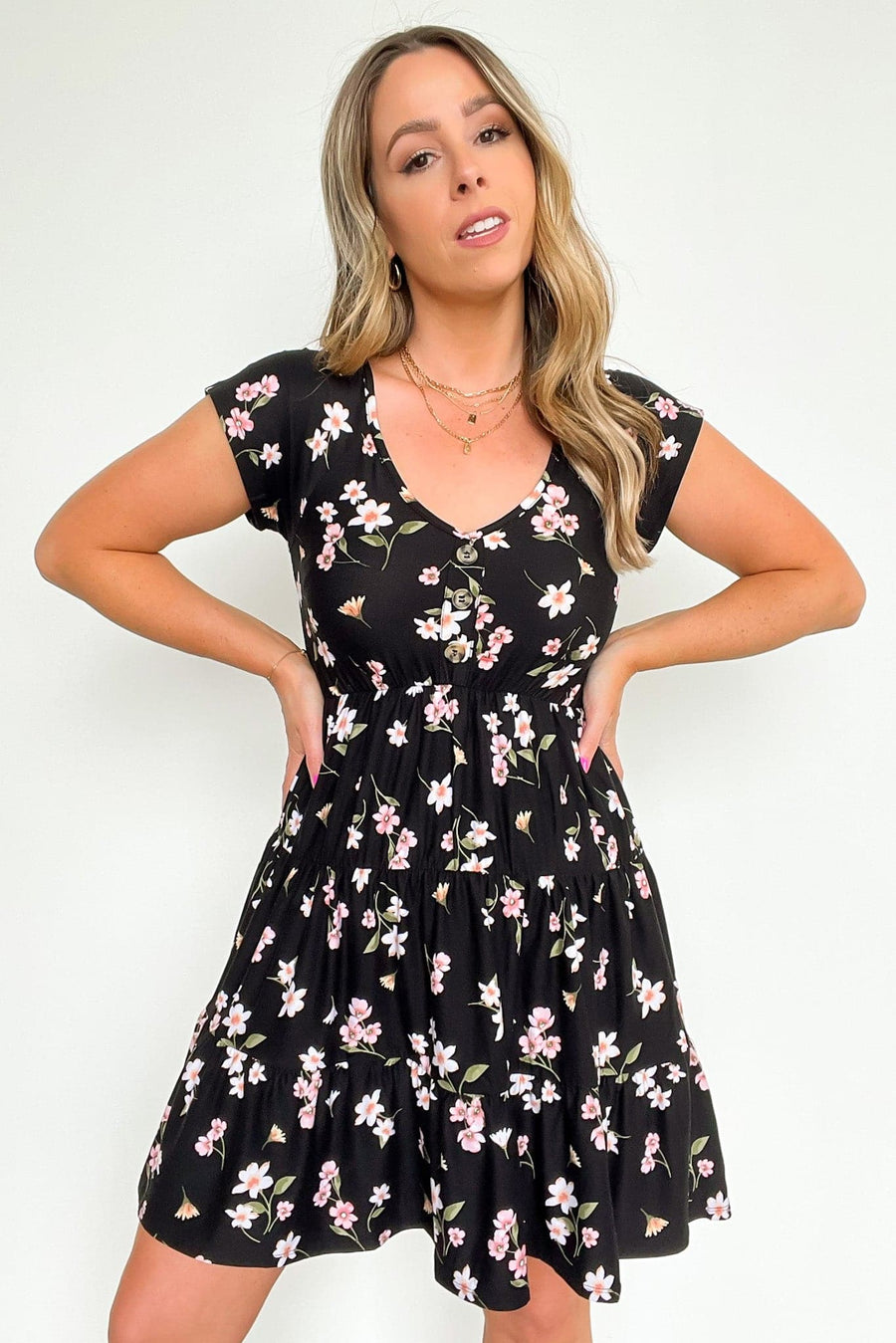  Whitfield Floral V-Neck Button Detail Dress - FINAL SALE - Madison and Mallory