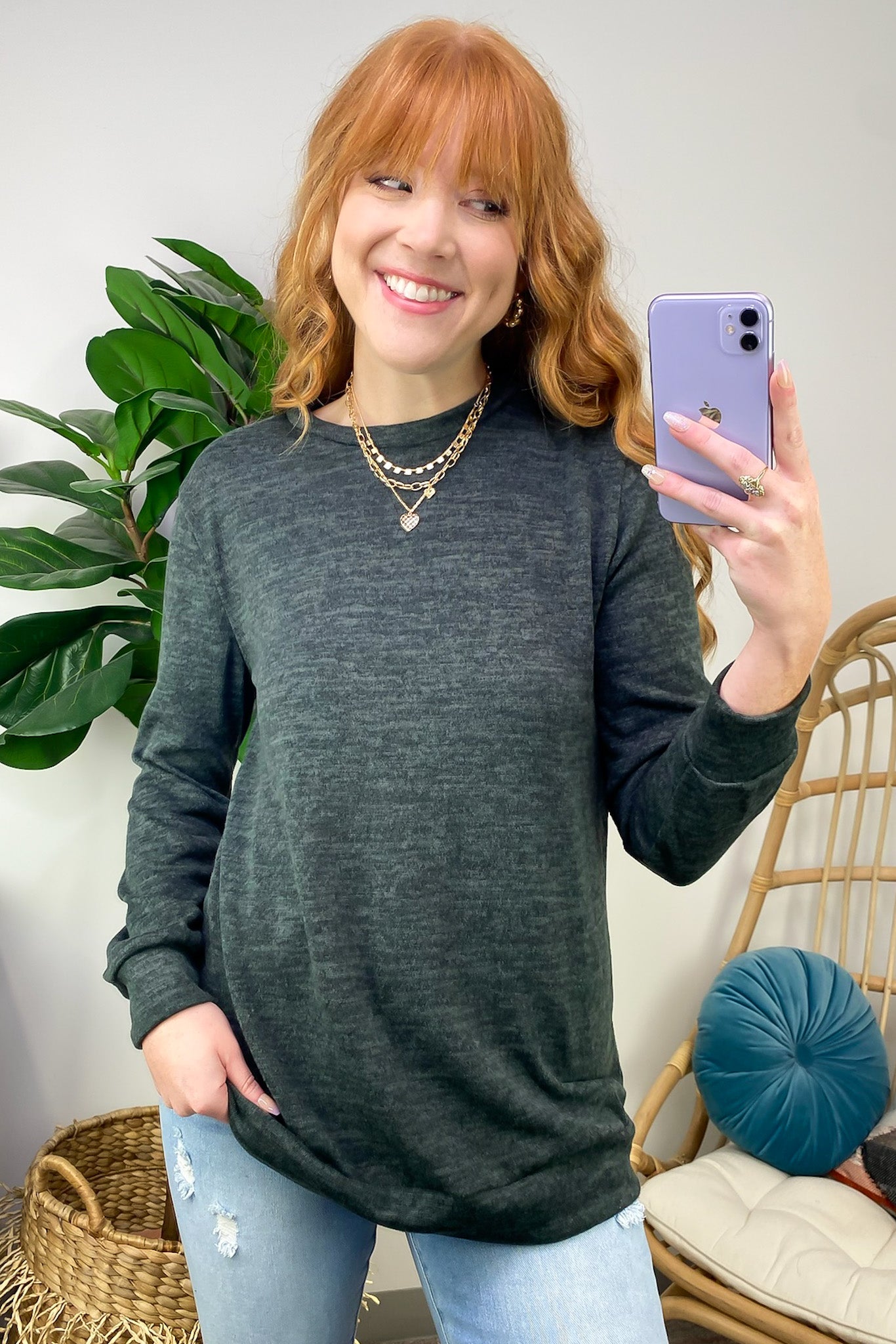Hunter Green / S Whittnie Two Tone Knit Long Sleeve Top - FINAL SALE - Madison and Mallory