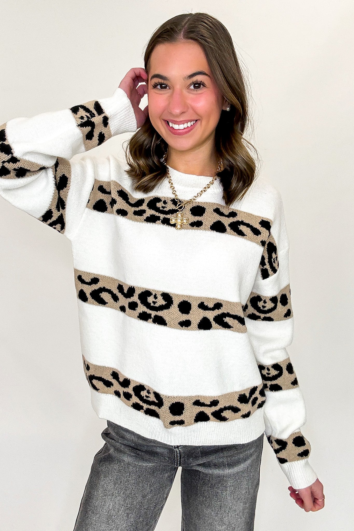 Wild Lines Crew Neck Animal Print Striped Knit Sweater - Madison and Mallory
