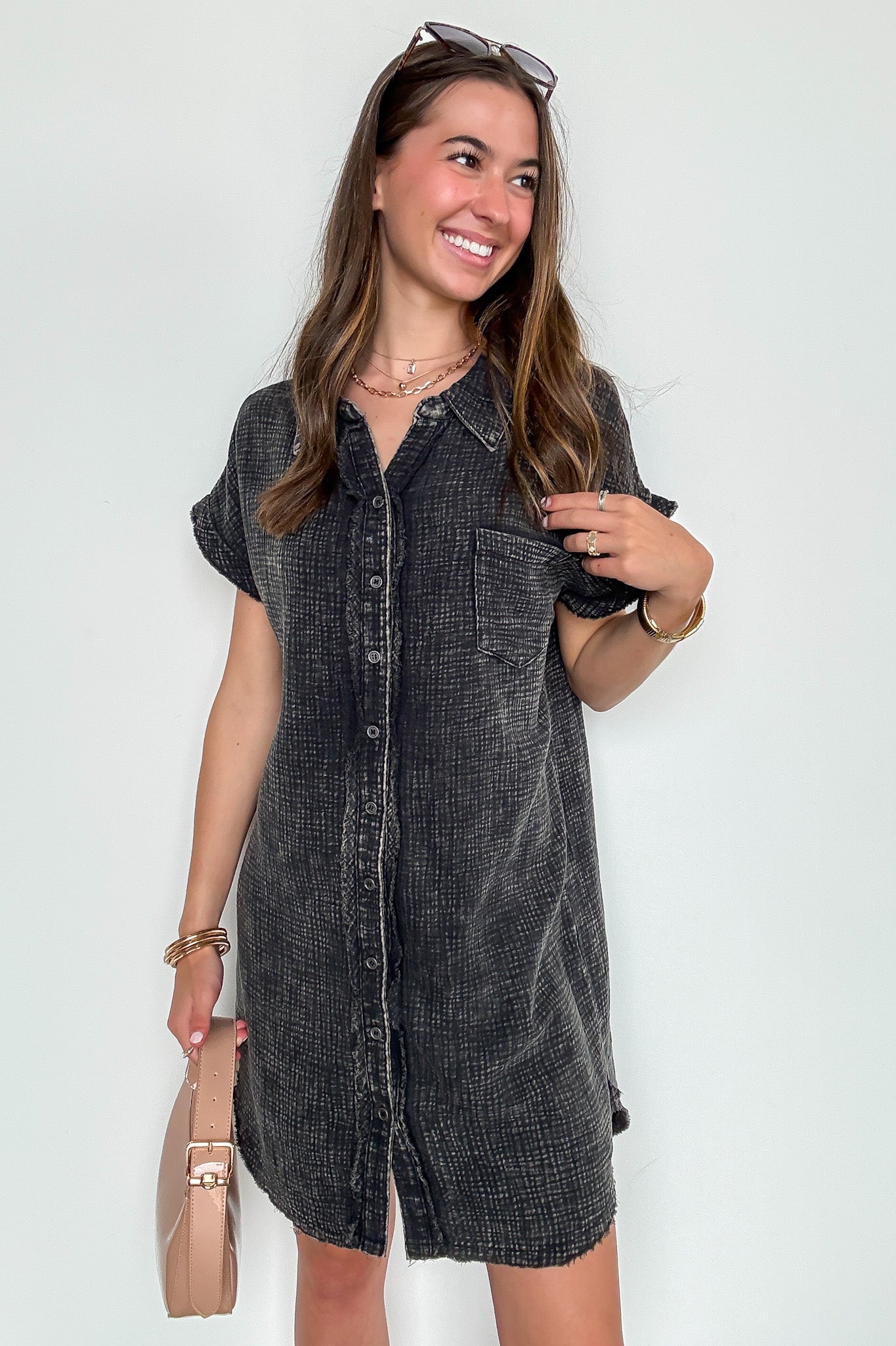 Ash Black / SM Wild Honey Washed Double Gauze Button Down Shirt Dress - Madison and Mallory