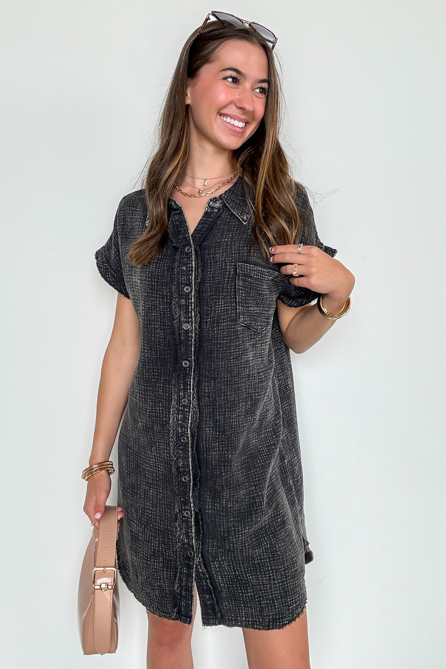Ash Black / SM Wild Honey Washed Double Gauze Button Down Shirt Dress - Madison and Mallory