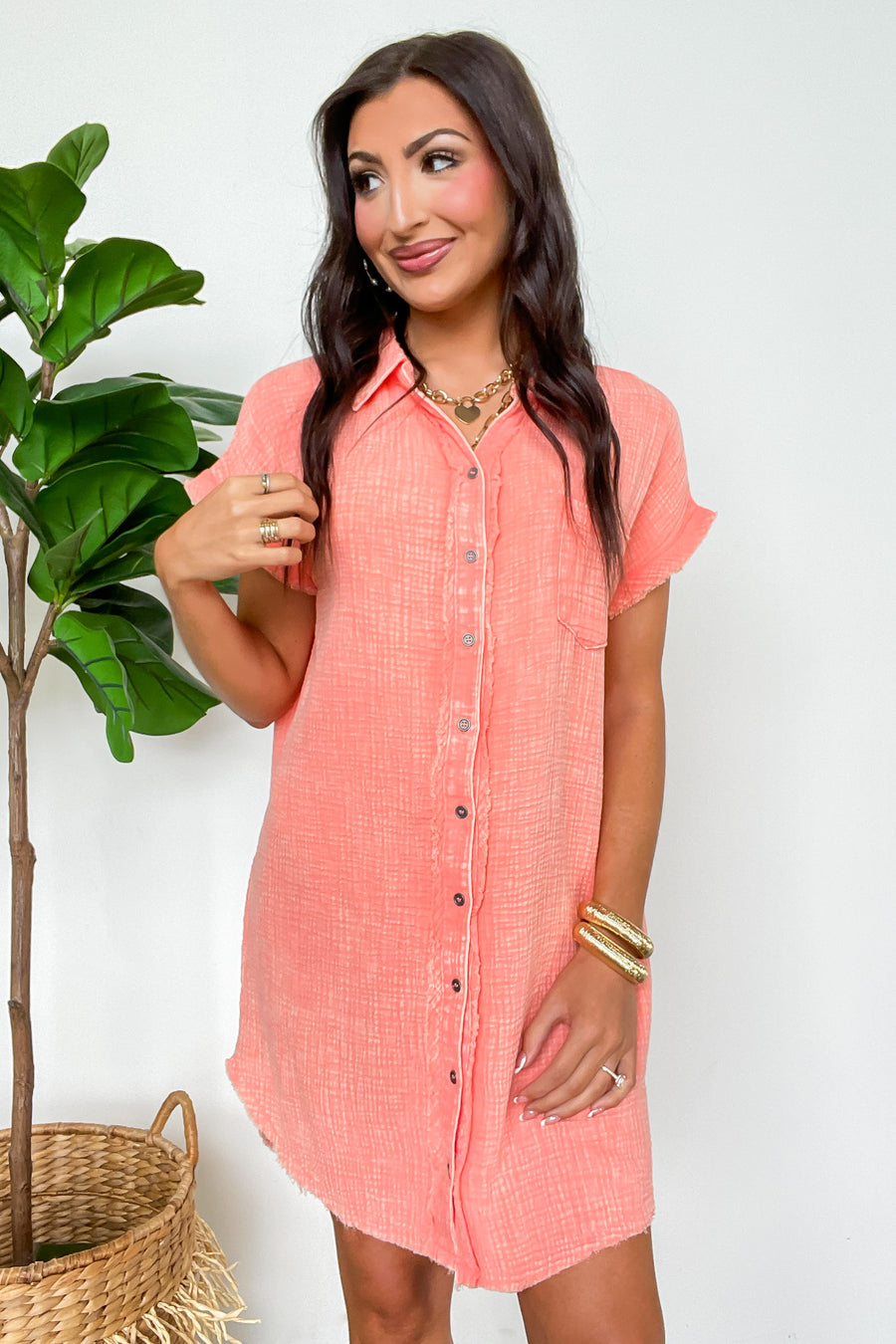 Coral / SM Wild Honey Washed Double Gauze Button Down Shirt Dress - Madison and Mallory
