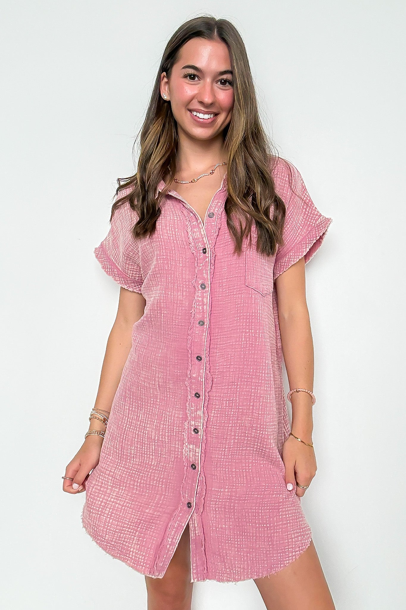 Light Rose / SM Wild Honey Washed Double Gauze Button Down Shirt Dress - Madison and Mallory