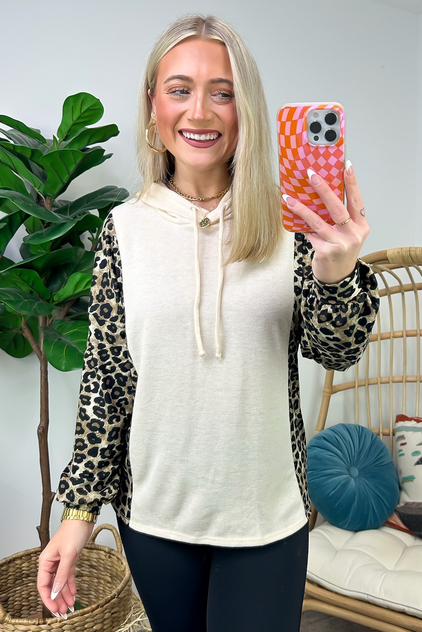 Cream/Brown/Black / S Wildly Thriving Animal Print Contrast Hooded Top - FINAL SALE - Madison and Mallory