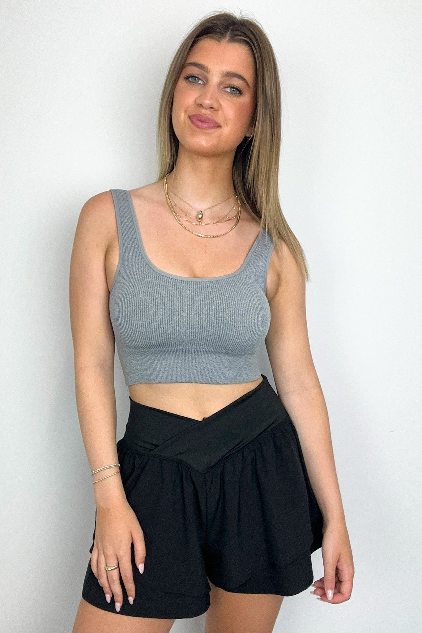 Heather Gray / SM Win Win Ribbed Square Neck Cropped Bra Top - BACK IN STOCK - Madison and Mallory