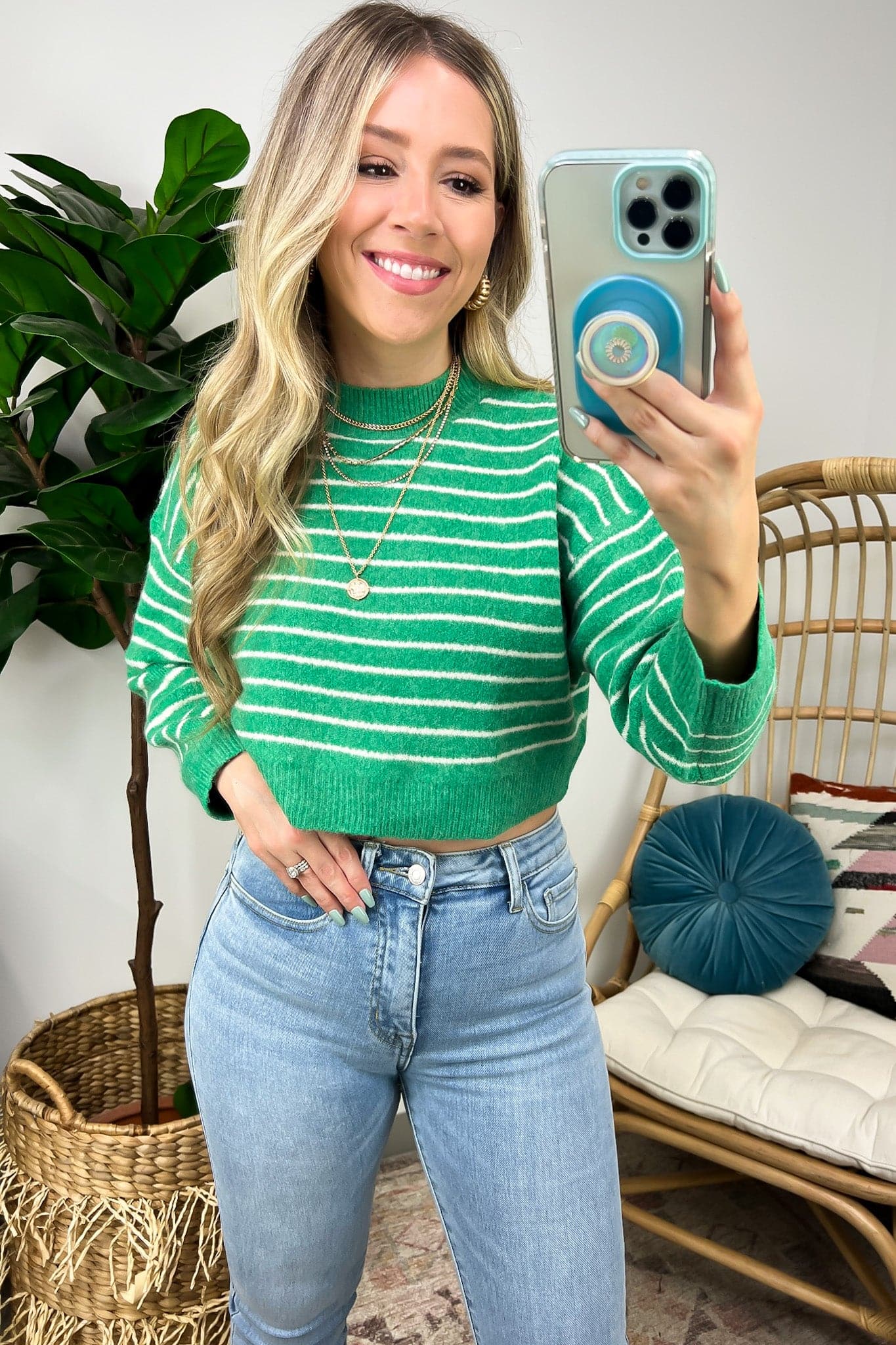 Green / S Winter Retreat Cropped Stripe Knit Pullover Sweater - Madison and Mallory