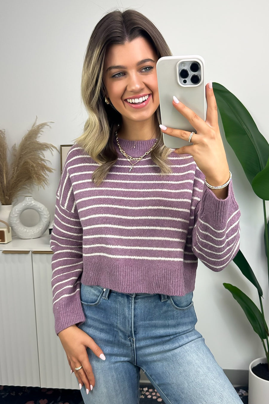 Lavender / S Winter Retreat Cropped Stripe Knit Pullover Sweater - Madison and Mallory
