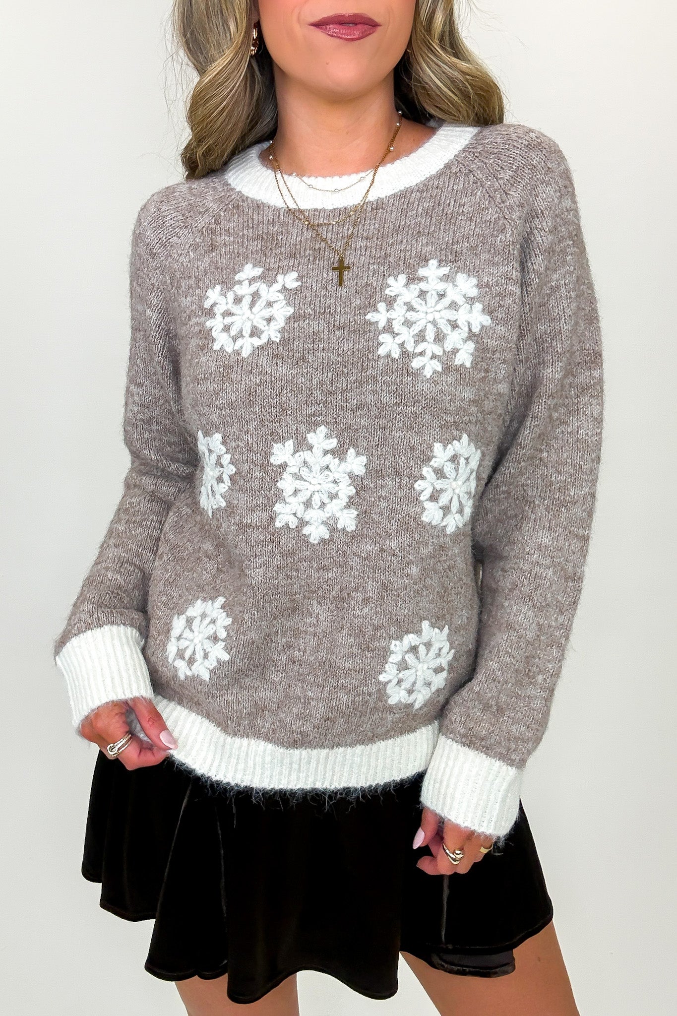 S / Taupe Winter Whimsy Snowflake Embroidered Applique Sweater - FINAL SALE - Madison and Mallory