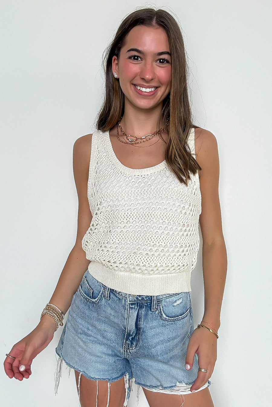 SM / Ivory Woven Ease Crochet Knit Sleeveless Top - Madison and Mallory