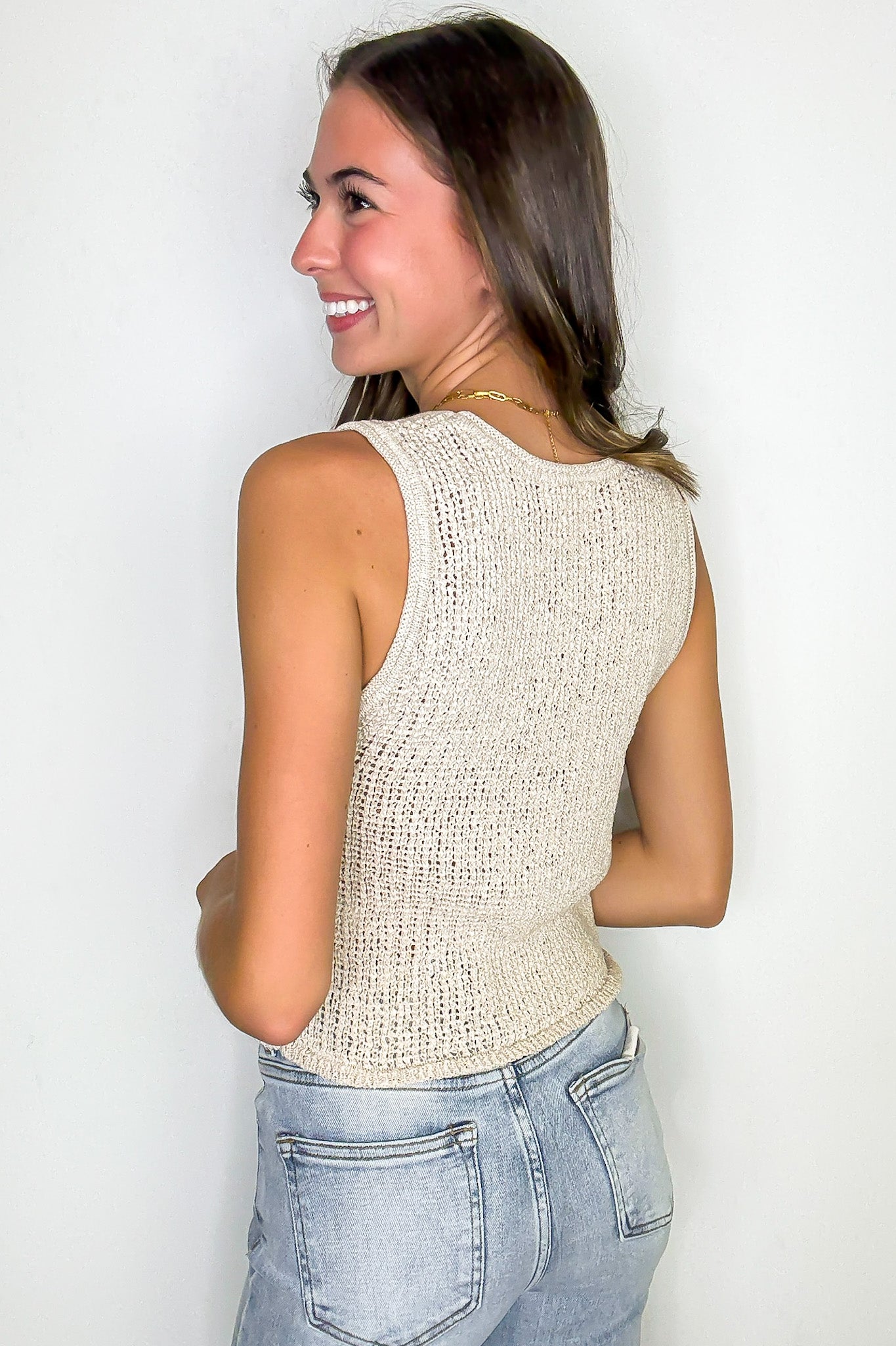 Woven Frame V-Neck Front Button Crochet Knit Vest - Madison and Mallory