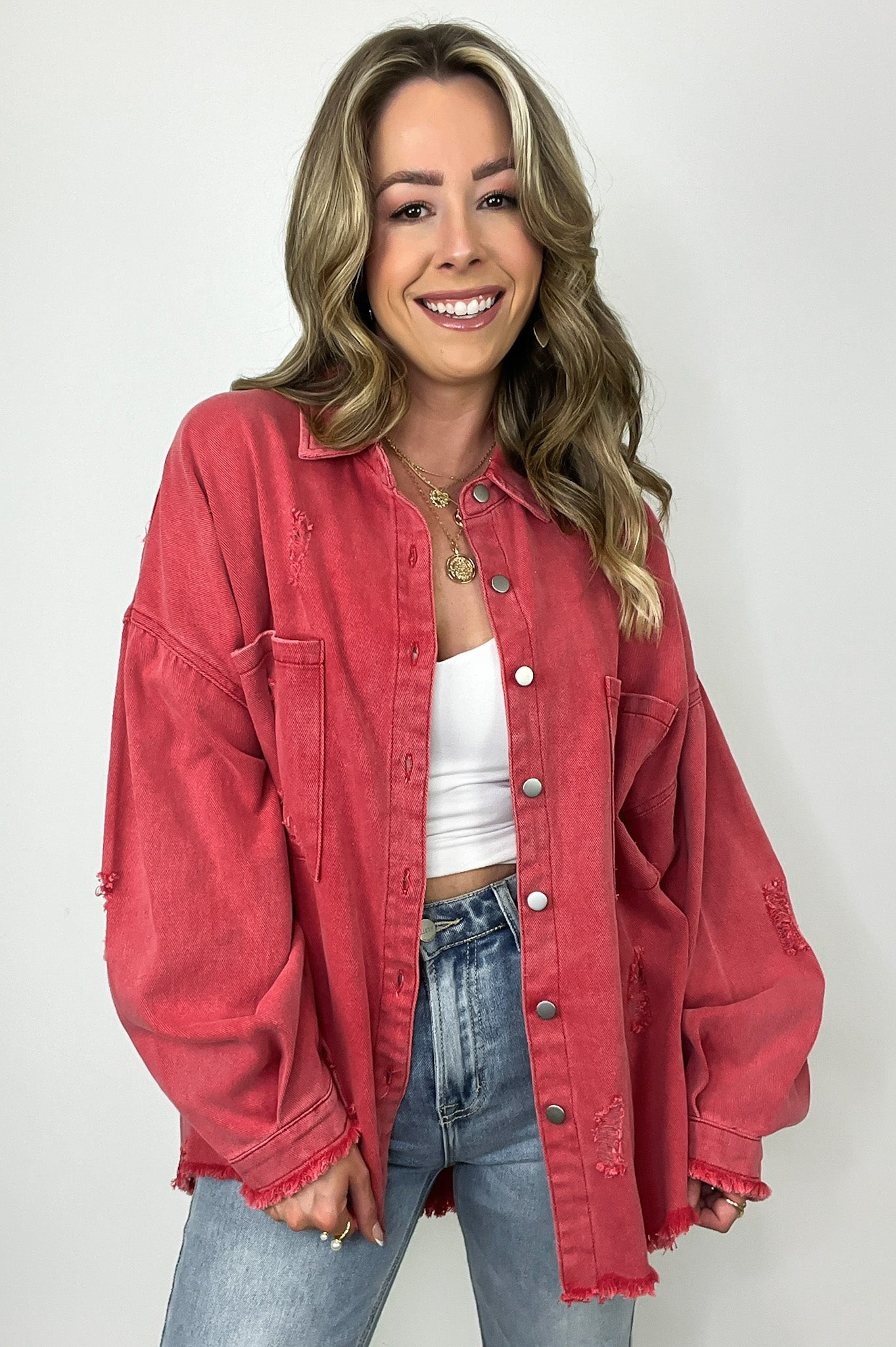 Apple Red / S Wynn Oversized Distressed Denim Jacket - Madison and Mallory